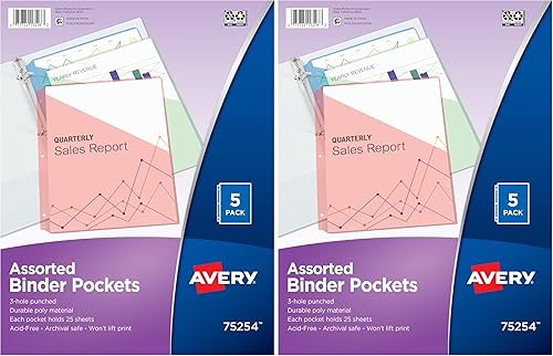 Miniatura 1 de Avery Bolsillos para carpeta, colores surtidos, 8.5 x 11 pulgadas, sin ácidos, duraderos, 5 chaquetas Slash (75254)