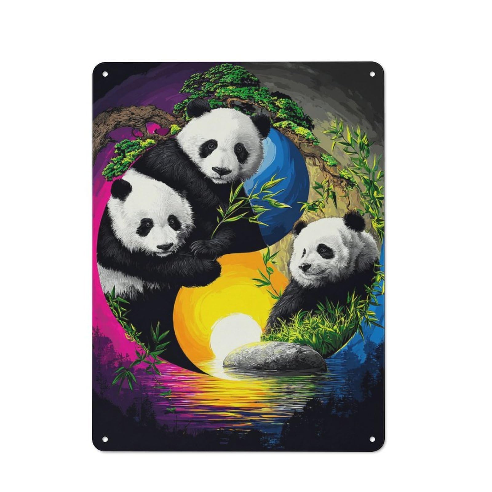 Junmoney Colorful Panda Sunset Artwork Character Decorative Tin Plaque 40X30cm Featuring Small Space Decor For Bedroom, Kitchen, Office Or Living Room