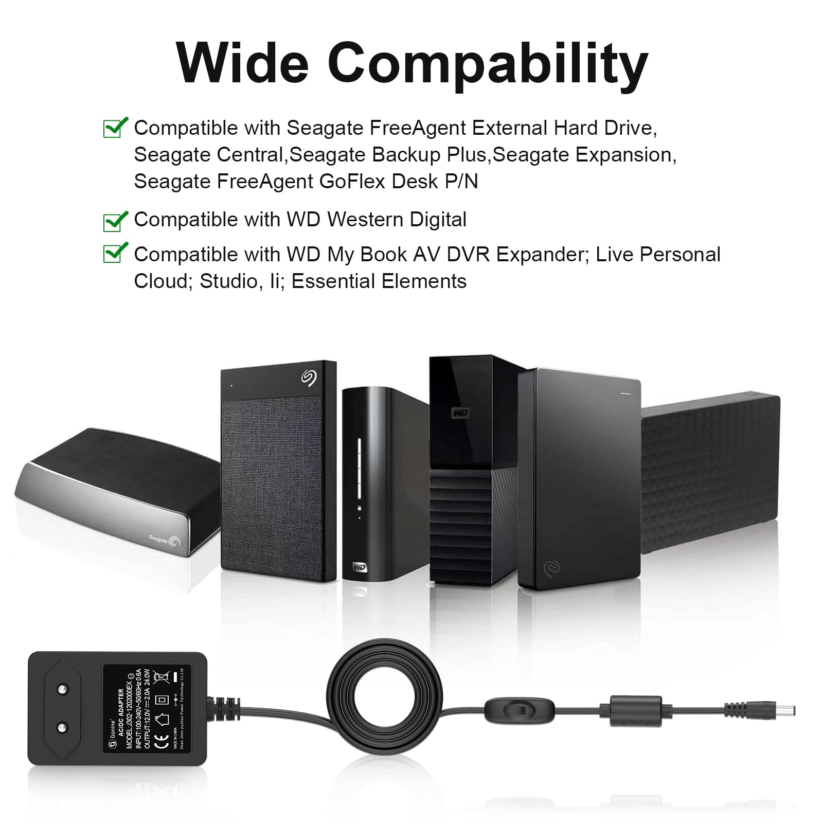 Cargador ESP Adaptador de Corriente 12V Compatible con Reemplazo para Disco Duro Seagate FreeAgent GoFlex Desk PN 9ZQ2P4-500 1TB Recambio Sustituto Replacement