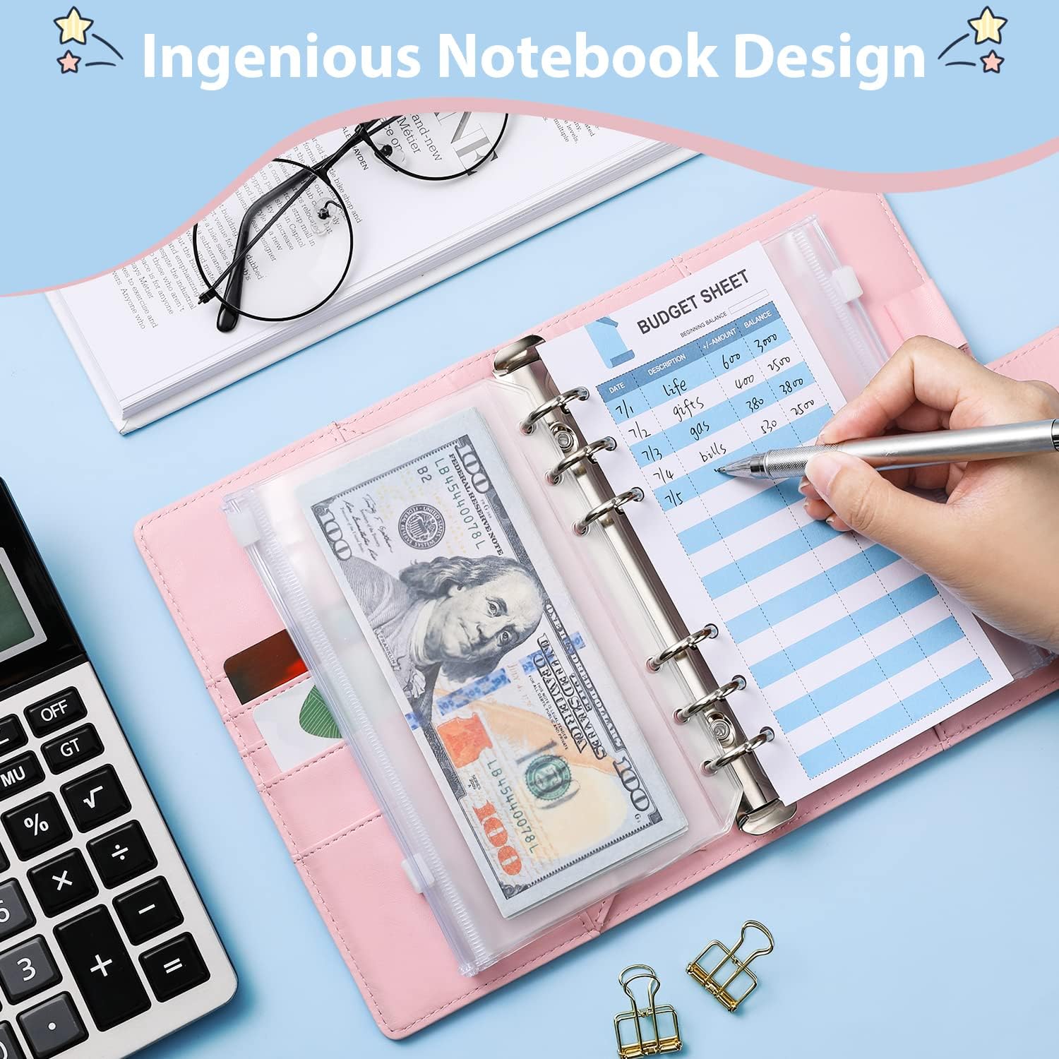 TiMOVO A6 Budget Binder Planner, 6 Ring Notebook Binder Pockets Budget Envelopes PU Leather Folder 8 pcs Loose-Leaf Clear Plastic Pockets & 12 Budget Sheets & Labels & Word Stickers - Pink
