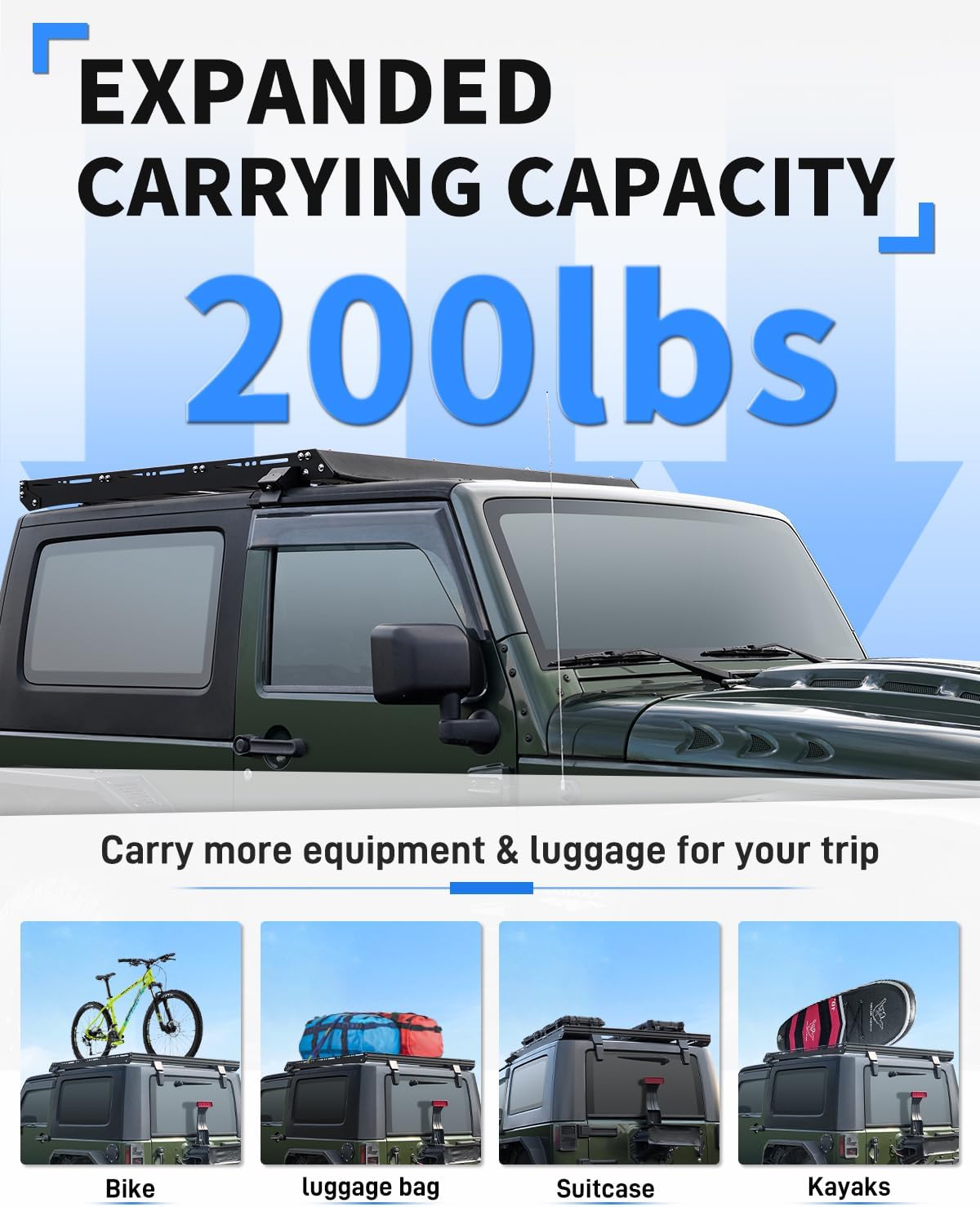 ROADER JK Roof Rack Rear Cargo Basket Crossbar Fit for Jeep Wrangler JK 2007-2018 Hardtop 2/4 Door, Half Short Roof Platform Aluminum Crossbars Overland Rooftop Storage Cargo Carrier