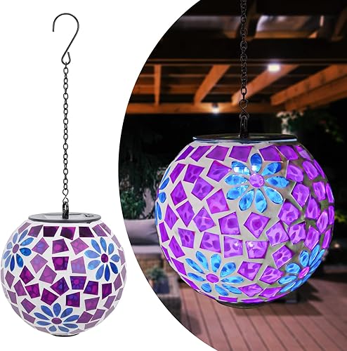 Faroles solares para exteriores colgantes decorativos, bola de mirada solar, luces de mosaico al aire libre con luces LED colgantes, luces de bola