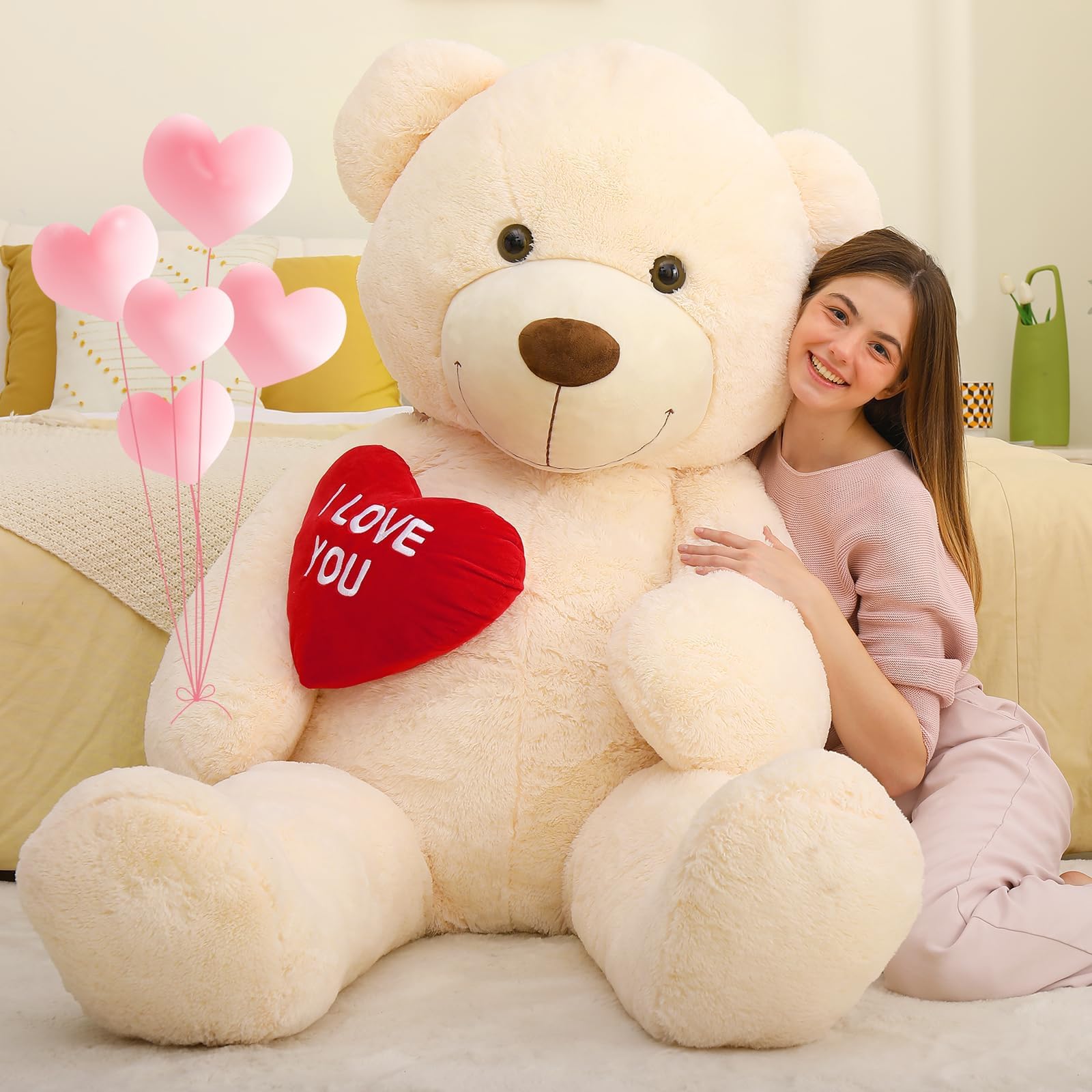 MorisMos Giant I Love You Teddy Bear with Heart, XXL 130cm Lvory Love Teddy Bear for Girlfriend, Large Teddy with Red Heart, Big Cute Soft Bear Gift for Kids Wife Birthday Mothers Day Decor