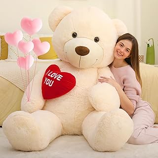 MorisMos Giant I Love You Teddy Bear with Heart, XXL 130cm Lvory Teddy Bear for Girlfriend, Large Soft Plush Toy, Big Cuddly Fluffy Bear Gift for Kids Birthday Christmas Deco
