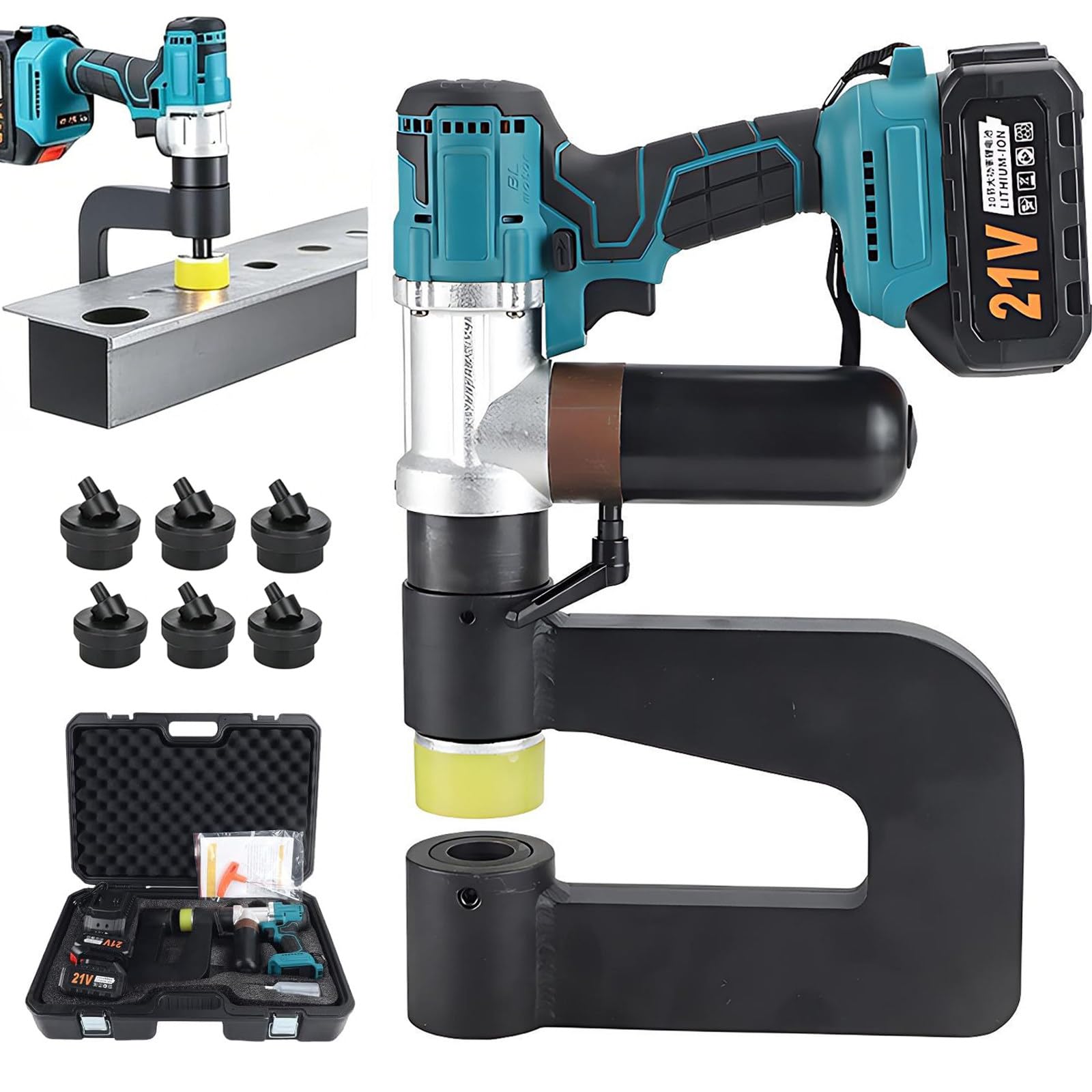 Punzonatrice Idraulica a Batteria, Utensile di Punzonatura - 6 Set Punzoni+matrici in Acciaio ad Alta Resistenza, 2 Batterie, Caricabatterie, Custodia - per Lamiera d’acciaio e Ferro a L MZS 50X