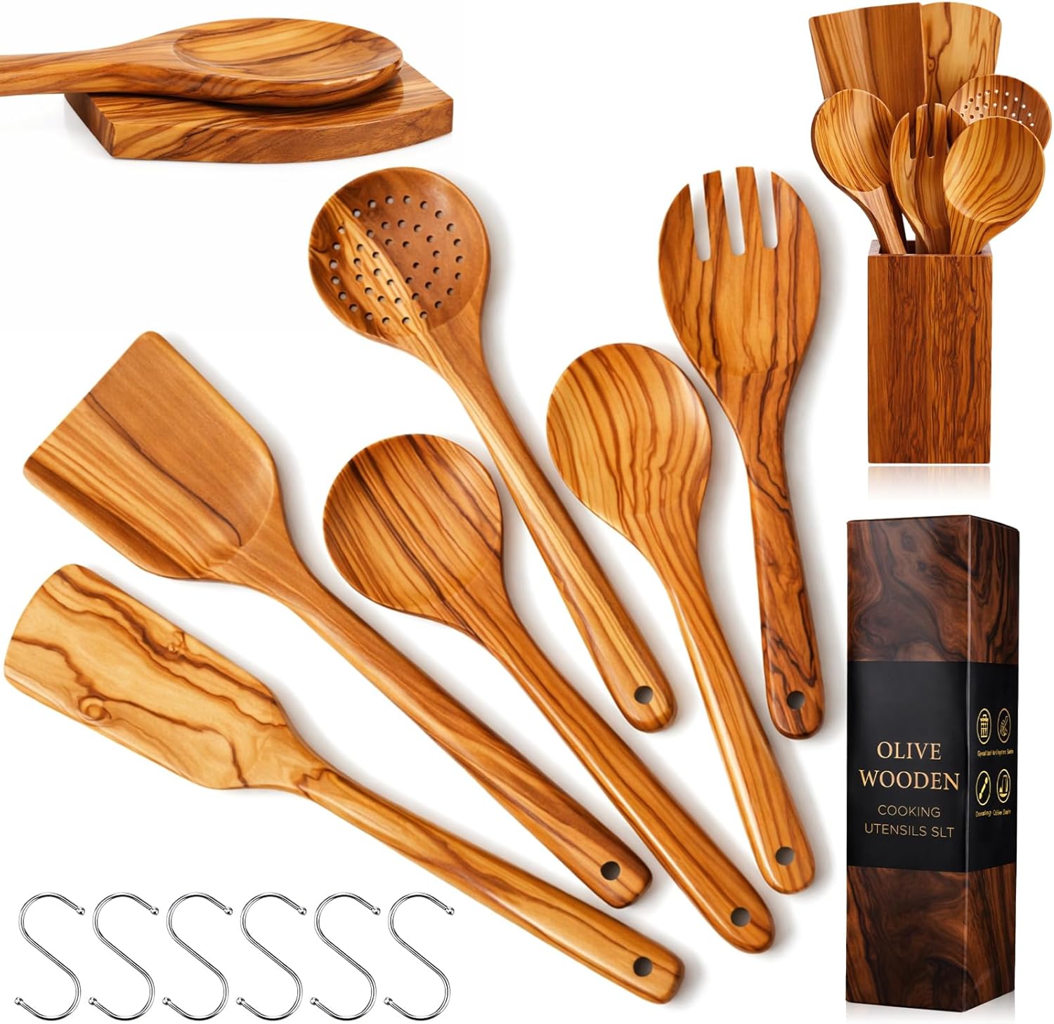 Qinyoung 10 Pack Olive Wood Cooking Utensils Olive Wood Kitchen Utensils Mixing Spatula Spoon Fork Set with Gift Box for Cooking Baking Meal, Birthday Anniversary Mother's Day Housewarming Gifts