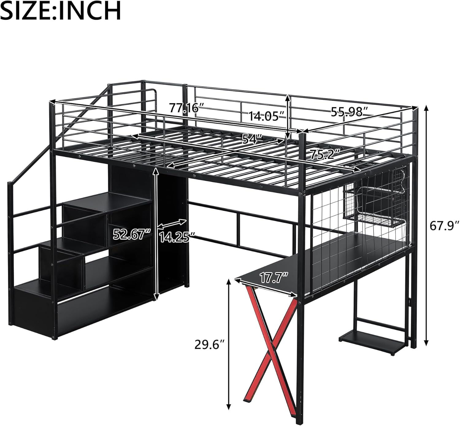 Full Size Gaming Loft Bed with Desk and LED,Heavy-Duty Metal Loft Beds with Storage Staircase and Wardrobe,High Loft Bed with Built-in Work Station for Adults, Teens, Black