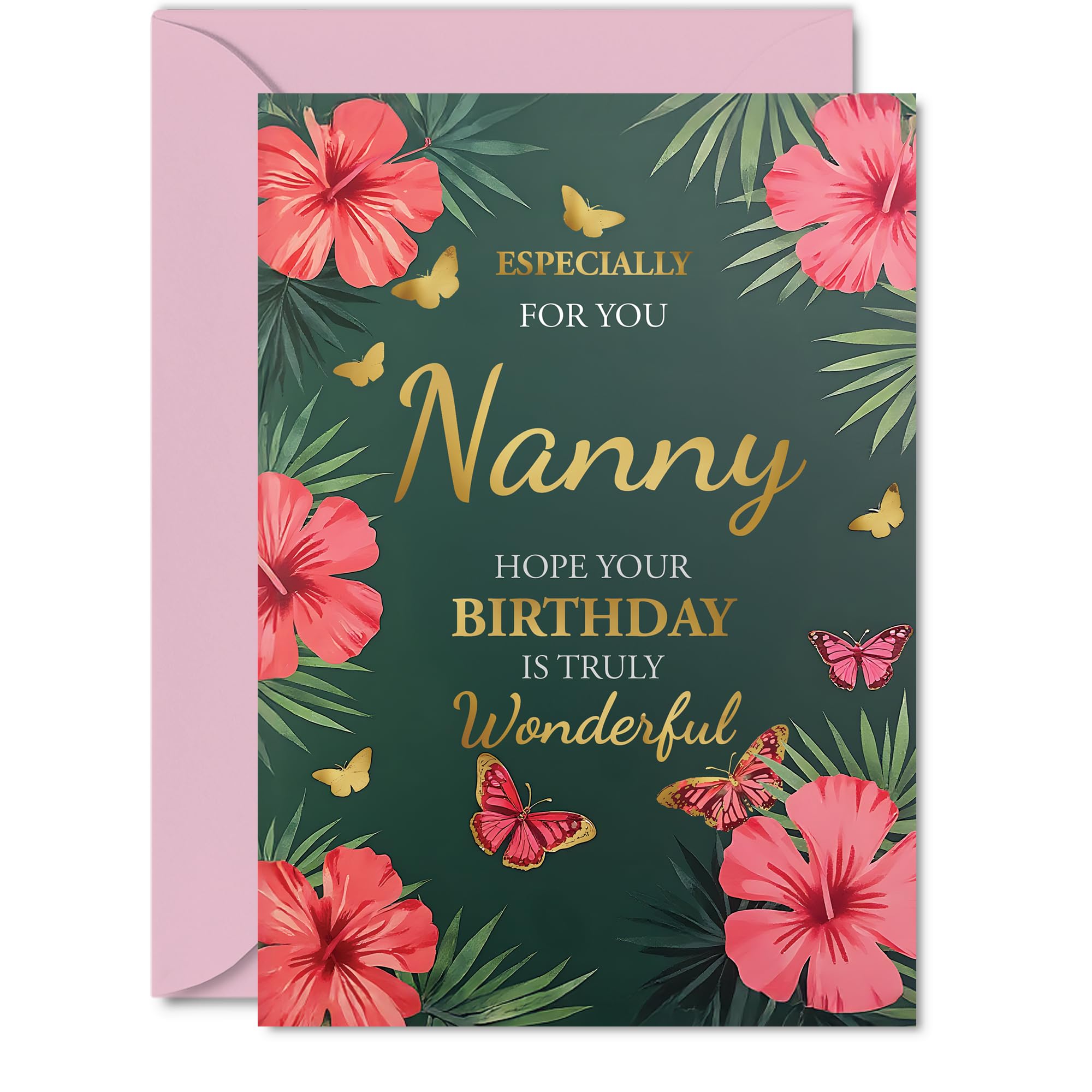 Gold Nanny Birthday Card - Butterflies & Flowers - Happy Birthday Card for Nanny from Grandson Granddaughter, A5 Golden Butterflies & Flowers Bday Greeting Cards