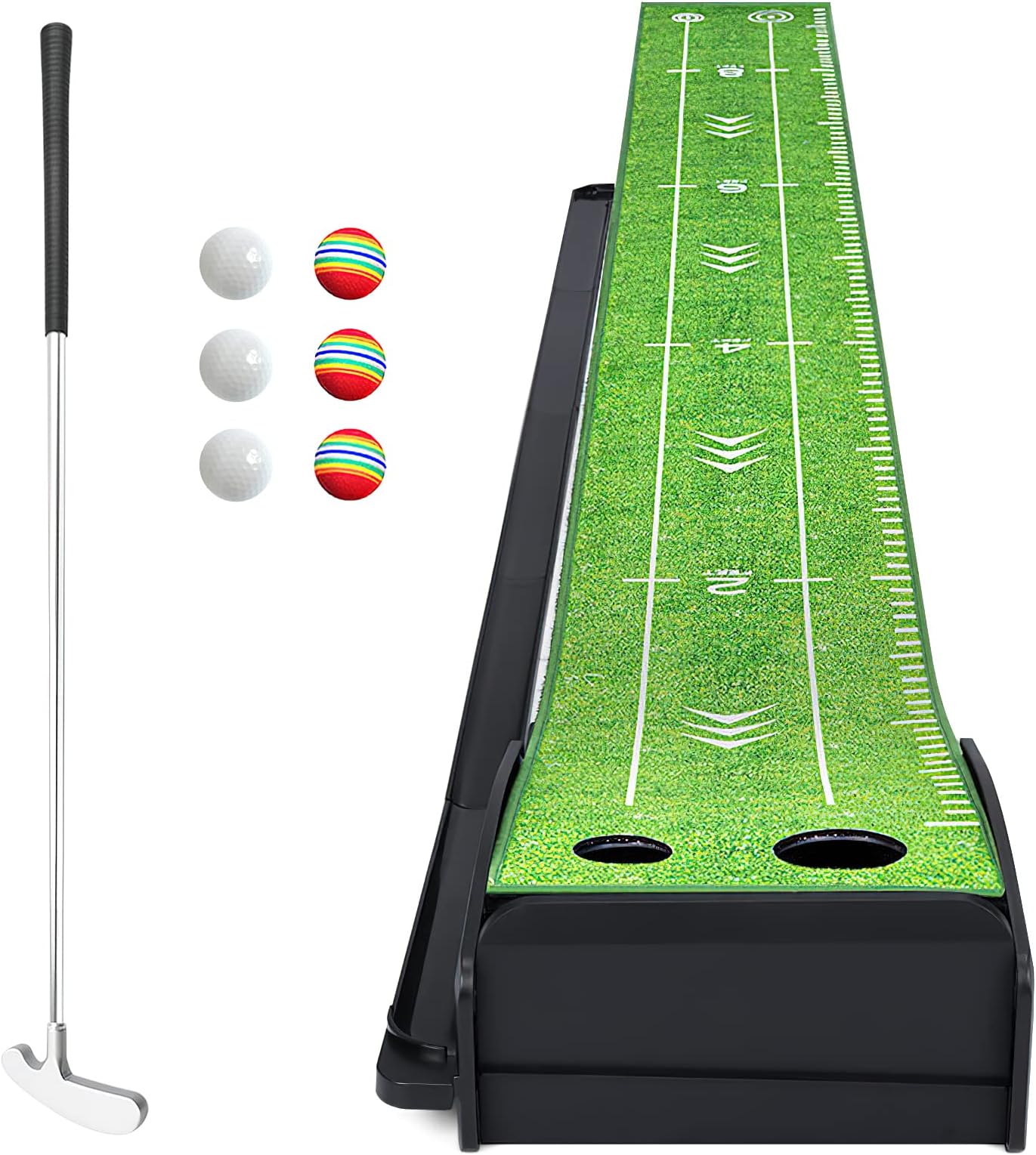 Golf Putting Green Mat with Putter and 6 Golf Balls, Golf Putting Practice Mat Equipment with Auto Ball Return System for Home Office Backyard Indoor Outdoor Use