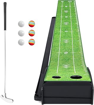 Losbenco Putting Green Indoor Golf Set with Putter & 6 Balls, Portable Golf Putting Practice Mat with Auto Ball Return System Suitable for Office, Backyard, Patio, Golf Gift for Men