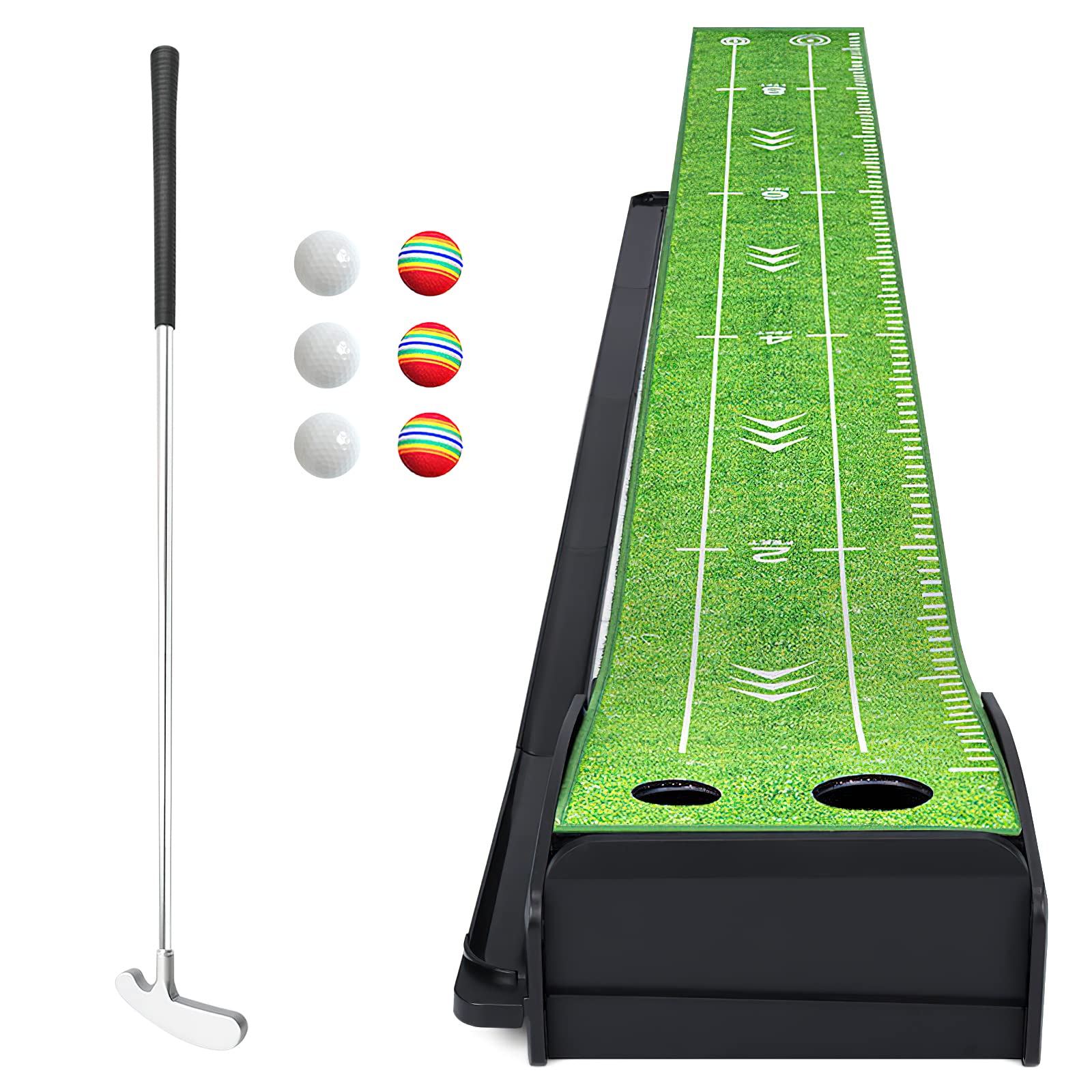 LosbencoGolf Putting Green Mat with Putter and 6 Golf Balls, Golf Putting Practice Mat Equipment with Auto Ball Return System for Home Office Backyard Indoor Outdoor Use