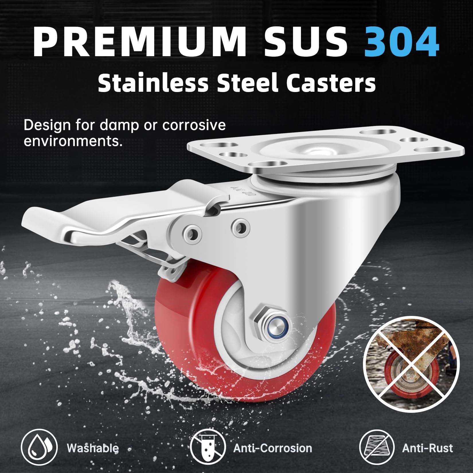 W B D WEIBIDA Edelstahl 304 Möbelrollen Klein mit Bremsen, 50mm Korrosionsresistente Schwerlastrollen Klein Tragfähigkeit 360kg, Lenkrollen Klein mit Platte für Möbel, Geräte,Regale,Ausrüstungen,Wagen