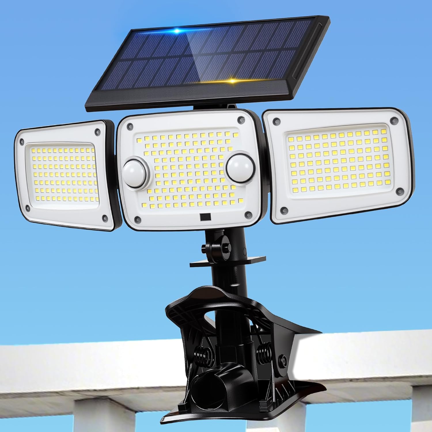 Clip on Solar Lights Outdoor 3 Heads, 280 LED Security Light with Motion Sensor & Remote, 1-Second Install Waterproof Flood Light for Yard/Garage Fence (1)