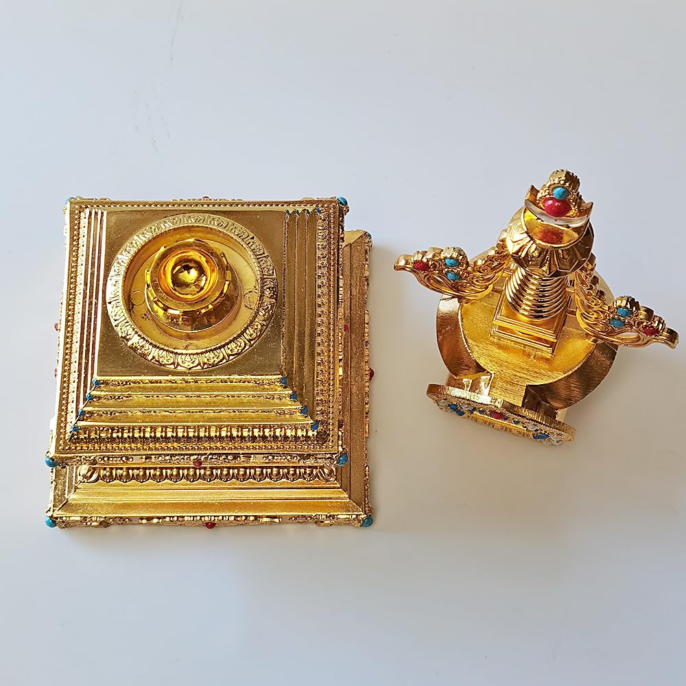zenmood Stupa tibetana de aleación de aluminio dorado, 24 cm, decoración de santuario budista con incrustaciones de piedras preciosas intrincadas