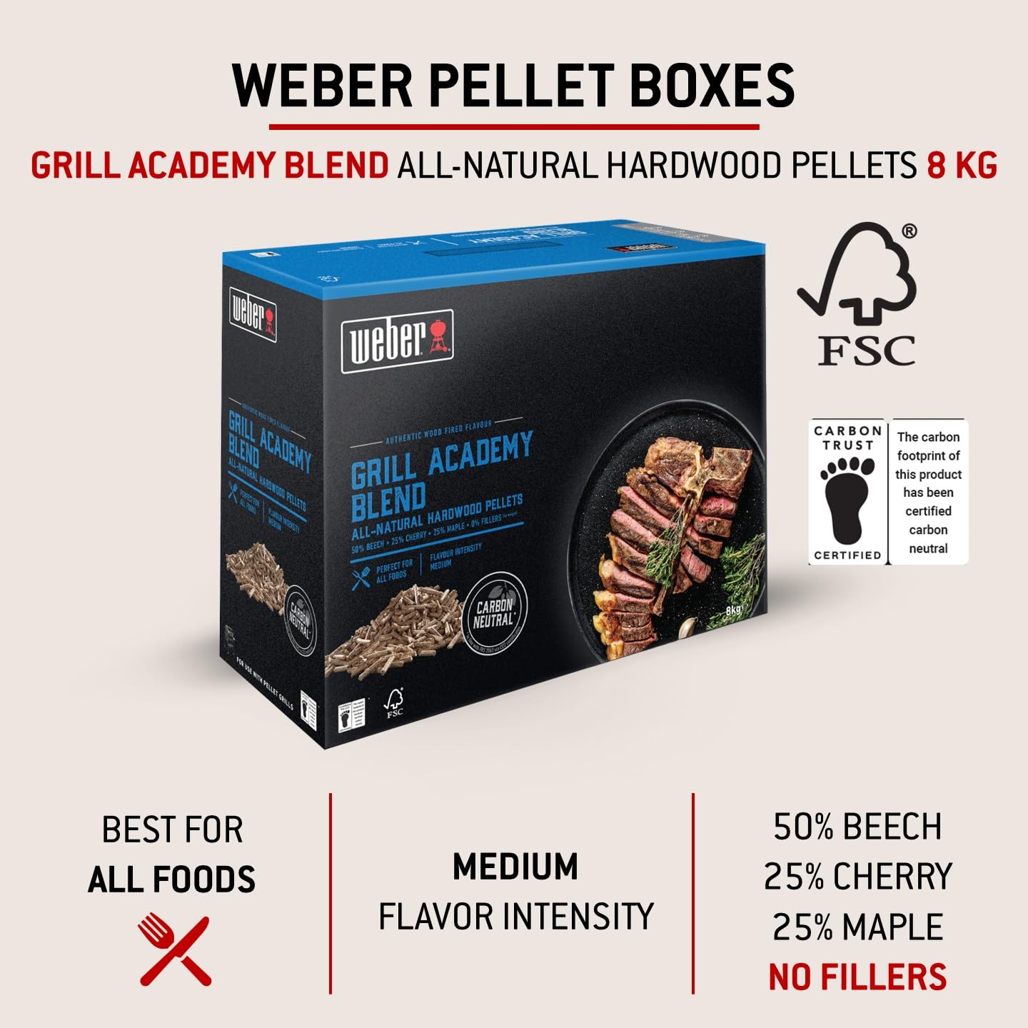 Weber Holzpellets - Grillacademy Blend (8kg), perfekt zum Räuchern von Gemüse, Fisch und Allen Fleischarten, Allrounder 100% natürliche Holzpellets, FSC zertifiziertes Holz (18294)
