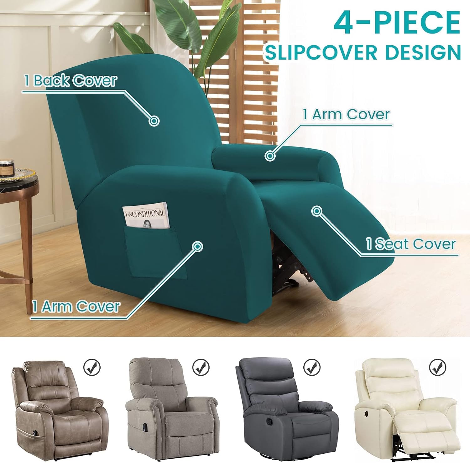 LiveGo 4 PCS Recliner Chair Covers, Stretchable and Fashionable Wingback Sofa Covers - Image 4