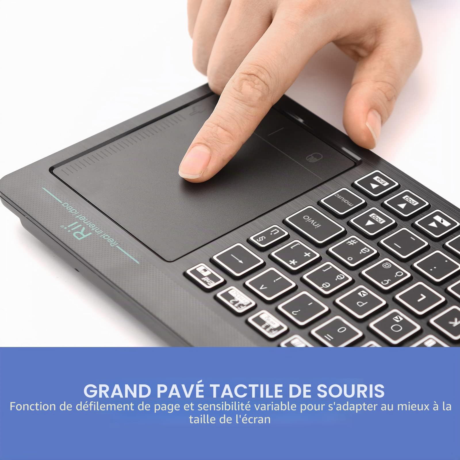 Rii Mini i18S Wireless + Bluetooth Clavier compact avec grande souris Touchpad et rétroéclairage LED, compatible avec Smart TV, TV Box, tablette, smartphone, console, PC, Fire TV, Raspberry