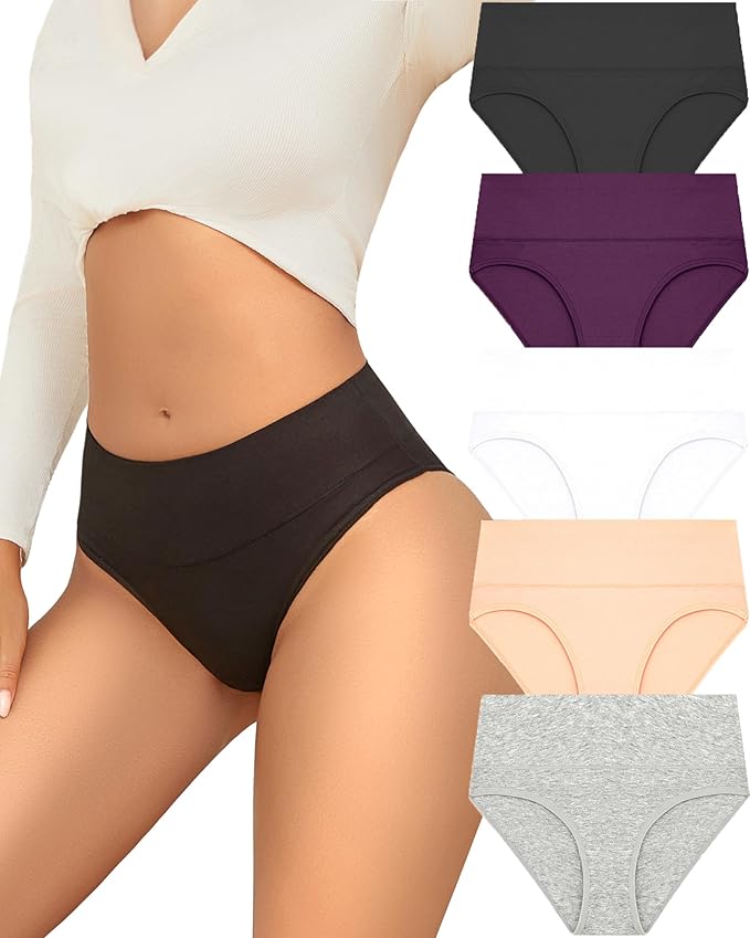 FINETOO Womens Underwear Cotton Mid Waisted Ladies Panties Soft Breathable Briefs Plus Size Underwear Women Pack 5