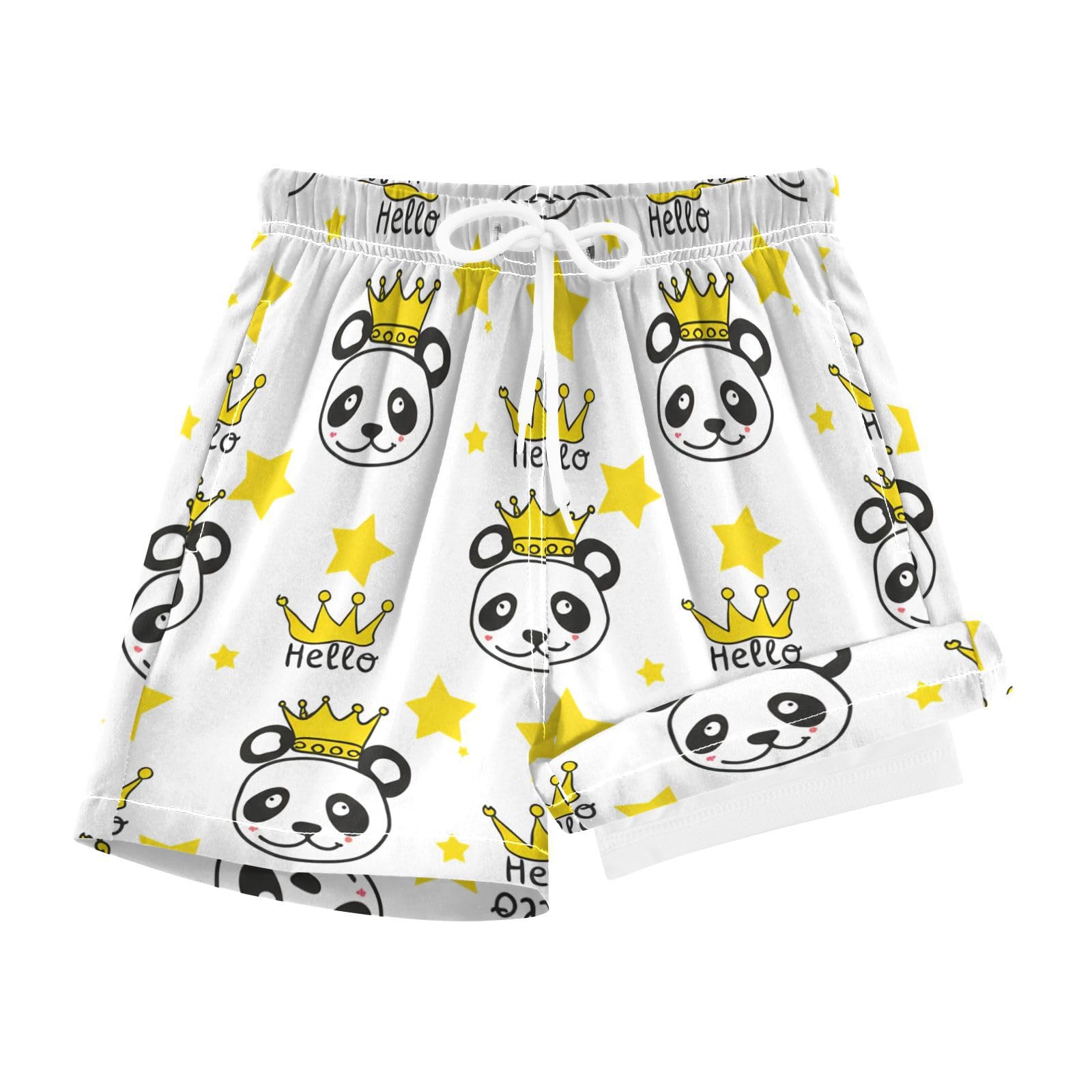 YANENDIE Boy Swim Trunks with Compression Liner Crowned Pandas Boys Swim Shorts Quick Dry Beach Shorts