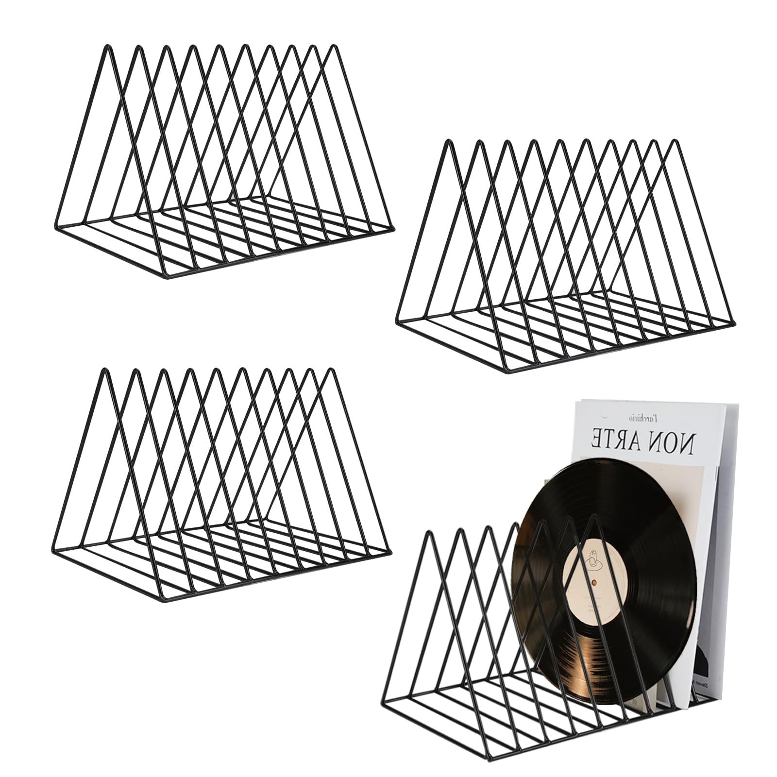 TIE-DailyNec 4 Pack Vinyl Record Holder Storage 9 Slot Metal Magazine Book Album Newspaper Display Racks Desktop Triangle File Sorter Organizer Bookshelf Decor for Home Office (Black)-picture-16