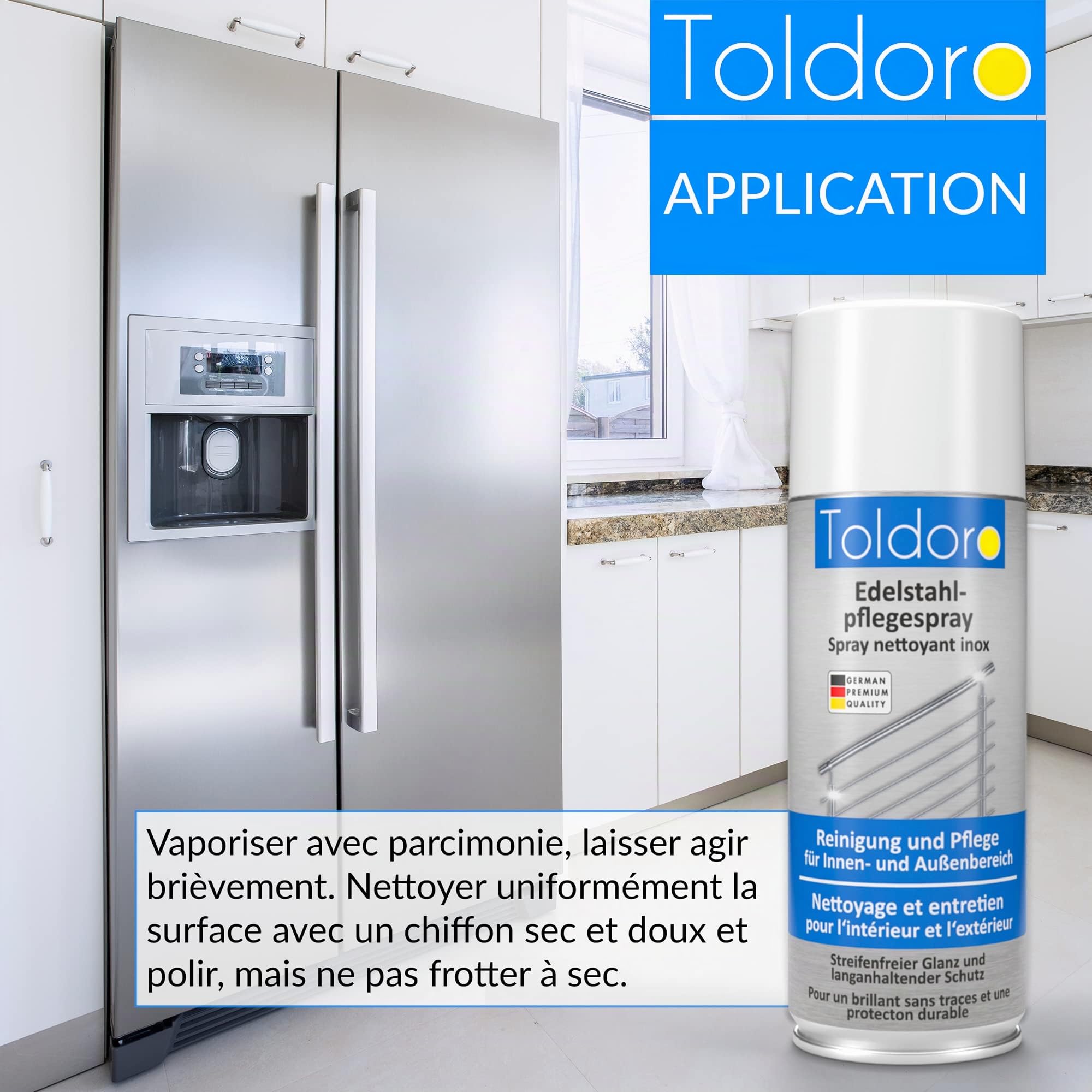 Toldoro® 2x Nettoyant inox professionnel 400ml + 1x Chiffon en microfibres 40x40cm / Vaporisateur comme degraissant barbecue ou nettoyant inox Cuisine/Produit inox nettoyage