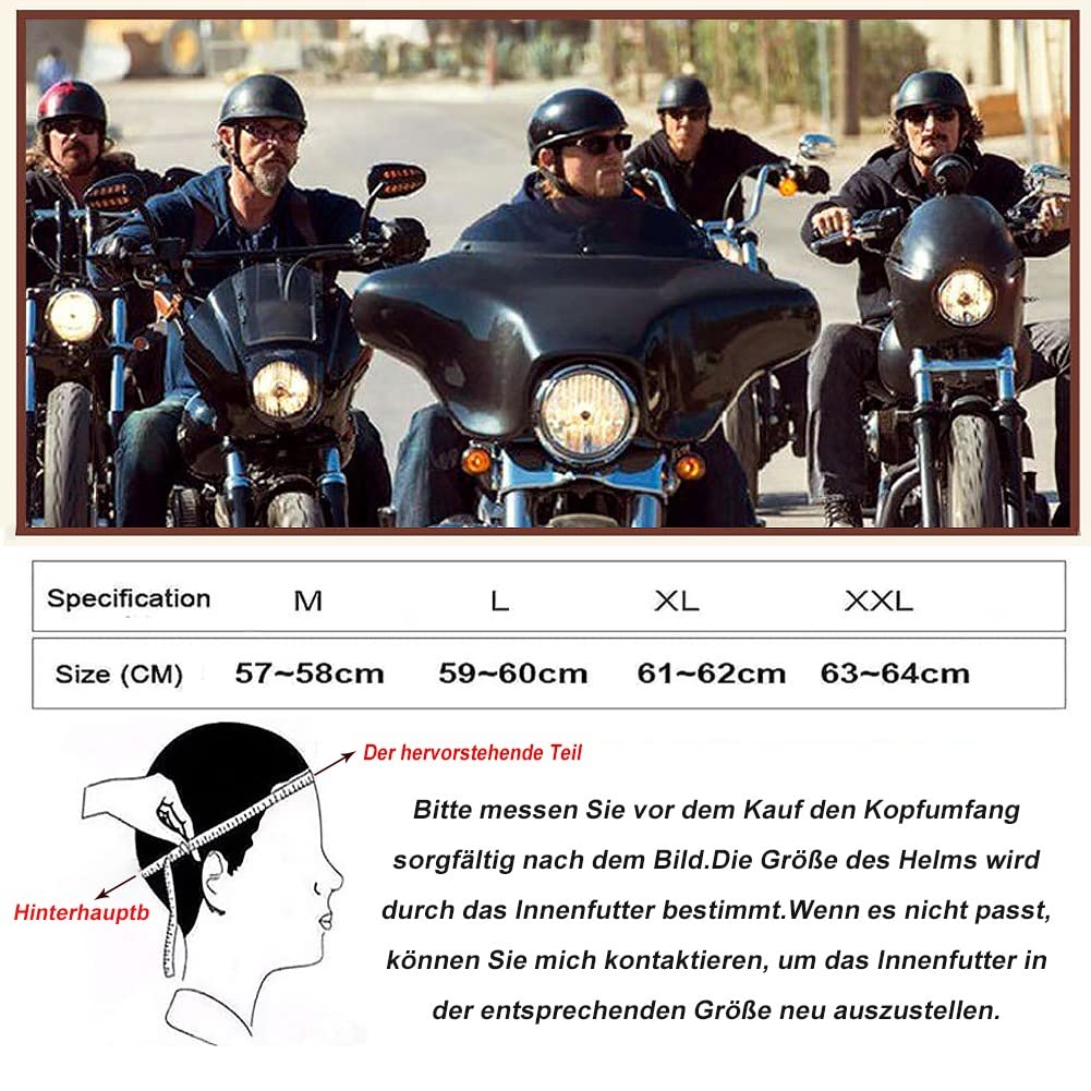 Halbschalenhelm mit ECE, Jethelm Retro, Chopper Helm, Retro Motorrad Helm, Scooter-Helm, Offenem Helm, mit Sonnenblende und Herausnehmbares Atmungsaktives Futter M~XXL 57~64CM