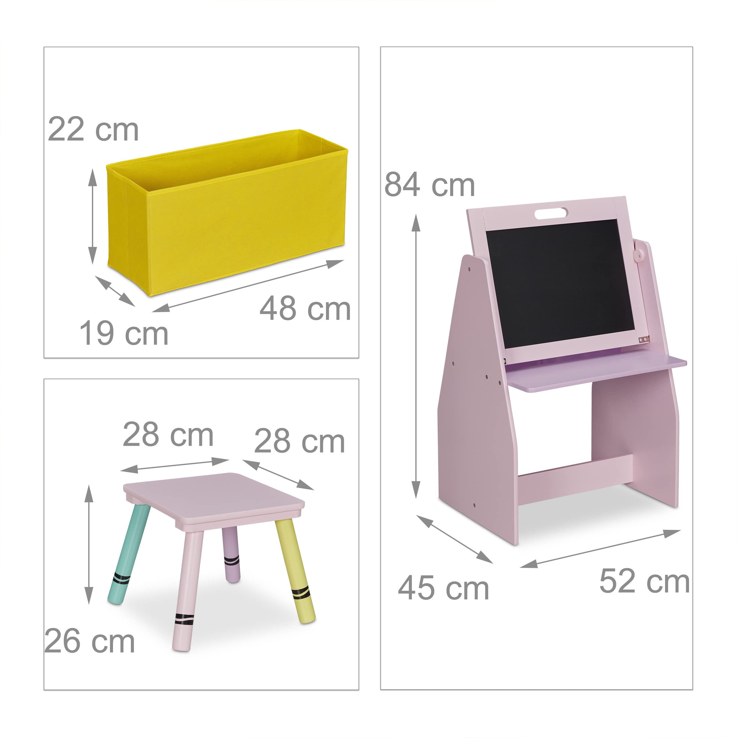 Relaxdays Estantería Infanftil con Pizarra y Taburete, Estante con 2 Compartimentos y 1 Caja de Tela, 84x52x45 cm, Rosa