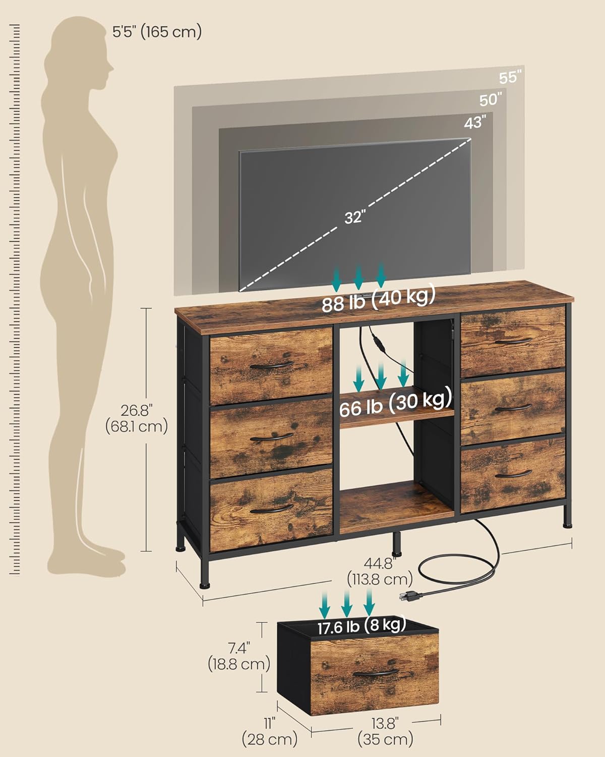 SONGMICS BELLAH Collection - TV Stand for TVs Up to 55 Inches, Dresser for Bedroom, Living Room, Chest of Drawers, Steel, 6 Drawers and 2 Shelves, Industrial, Rustic Brown ULGS032K101S