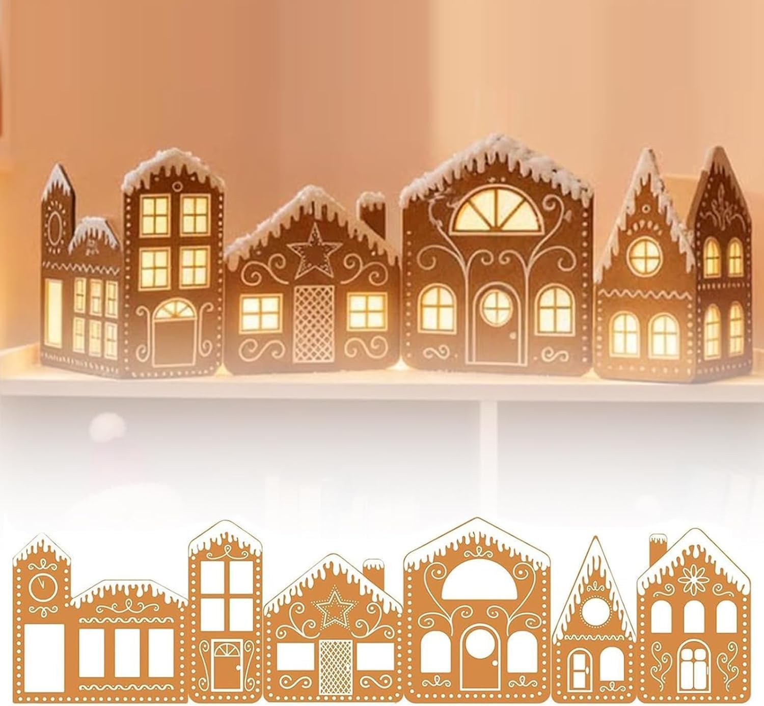 Lumoza Cardboard Christmas Village, Wooden Gingerbread House, 2026 New DIY Foldable Christmas Gingerbread House Cardboard Kit with Led Lights, Gingerbread Village Magic (4PCS)