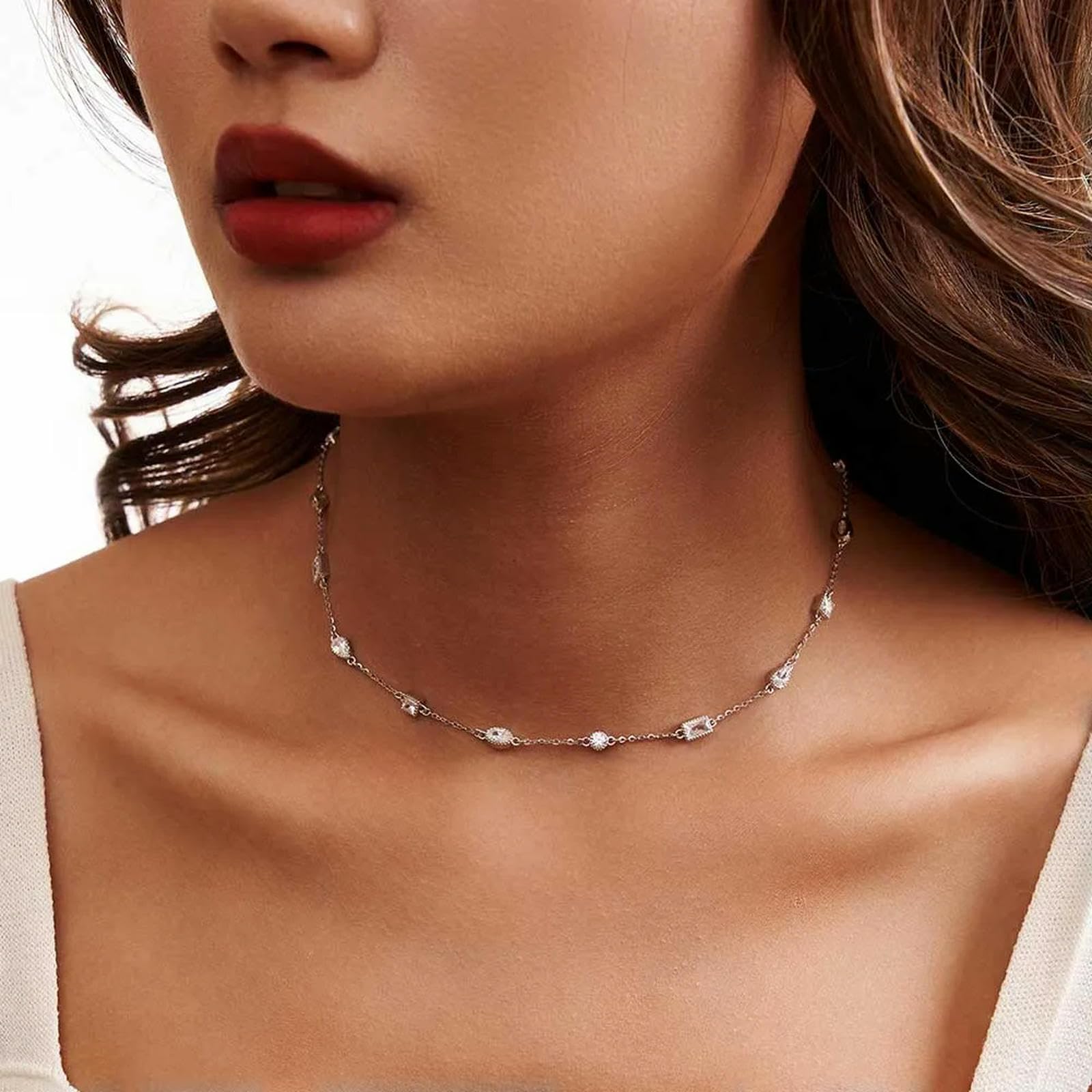 Collar De Plata De Ley 925 Con Circonita Cúbica Transparente 5a, Gargantilla Con Corte Geométrico, Cadena Sencilla Para El Cuello, Joyería Fina