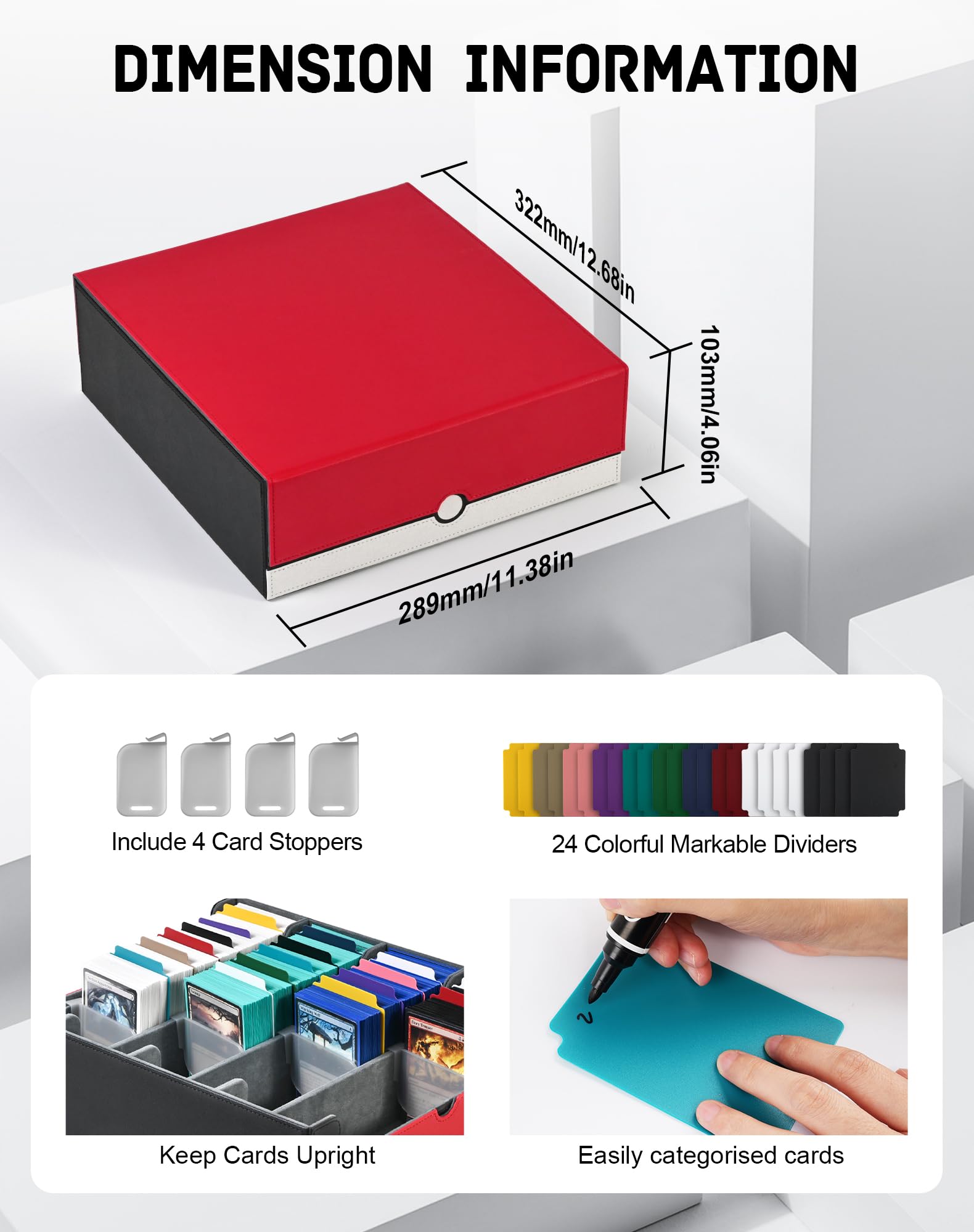 ZLCA Card Storage Box Holds 3000+, Deck Storage Case with 4 Stoppers, Card Organizer for TCG MTG PTCG(Red&White)