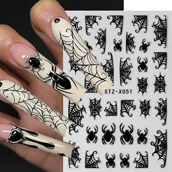 Spider Web Nail Art Stickers Decal Black White Spider Nail Sticker for Nail Art Day of the Dead Nail Art Design Nail Supplies for Women Girls Manicure Decor (Spider)