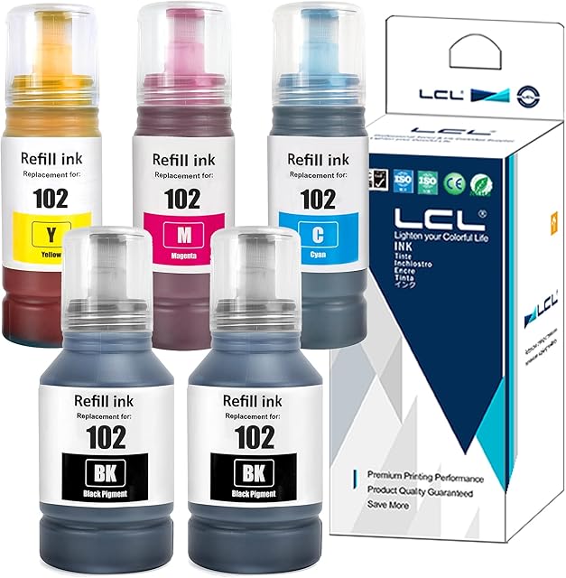 LCL Compatible Ink Bottle Replacement for Epson 102 C13T03R140 C13T03R240 C13T03R340 C13T03R440 ET-2700 ET-2750 ET-3700 ET-3750 ET-4750 (5PK 2KCMY)