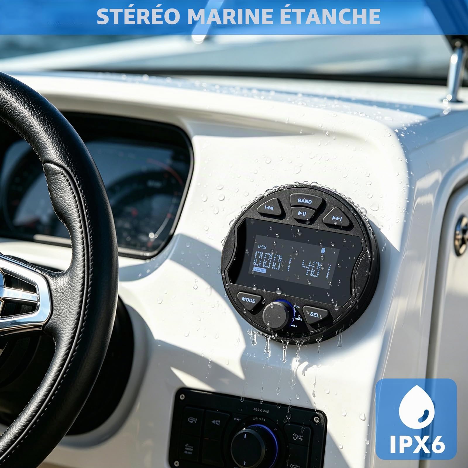 Récepteur stéréo Marin MP3 avec Fonction Radio numérique AM/FM, USB, BT et étanchéité IPX6, adapté pour Bateaux, péniches et Utilisation Professionnelle