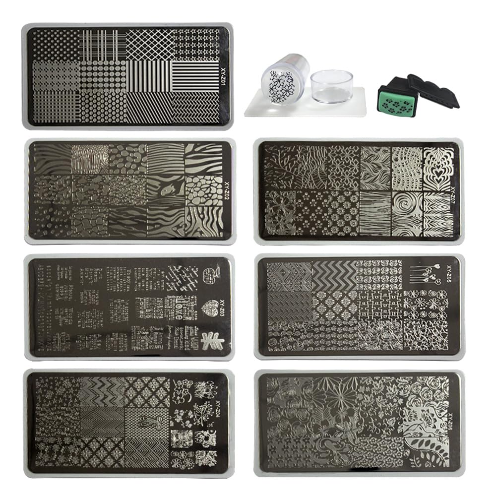 Beauty Leader Nail Art Stamping Template Mix Design 7Pcs Image Plates with White Plastic Plate Holder+1 Pcs Square Rubber Stamper DIY Nail Art Image Stamp Plate(01-07)