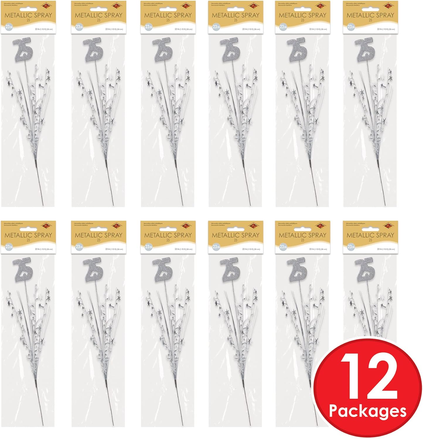 Beistle 12 Piece Glittered Number 25 Metallic Star Spray Centerpieces For Anniversary Party, 25th Birthday Decorations