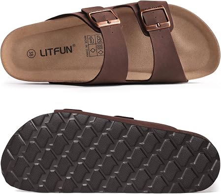 Litfun Unisex Cork Footbed Sandal Summer Slip On Slide Sandals with Adjustable Buckle for Women Men