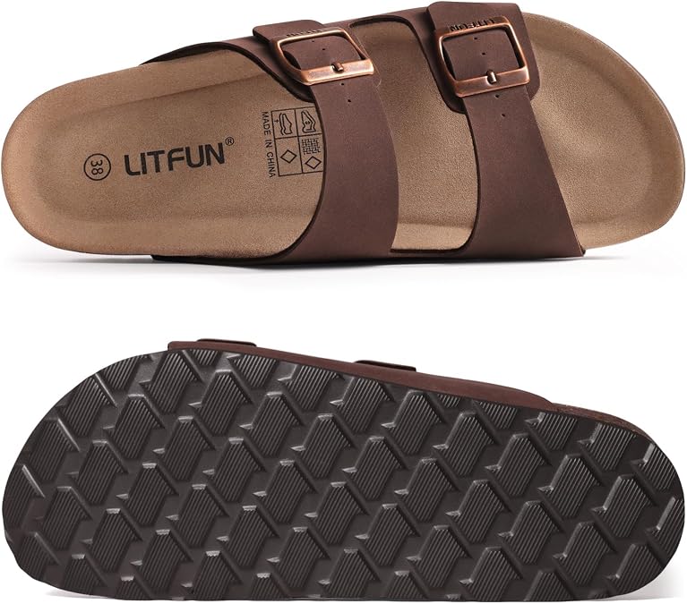 Litfun Unisex Cork Footbed Sandal Summer Slip On Slide Sandals with Adjustable Buckle for Women Men