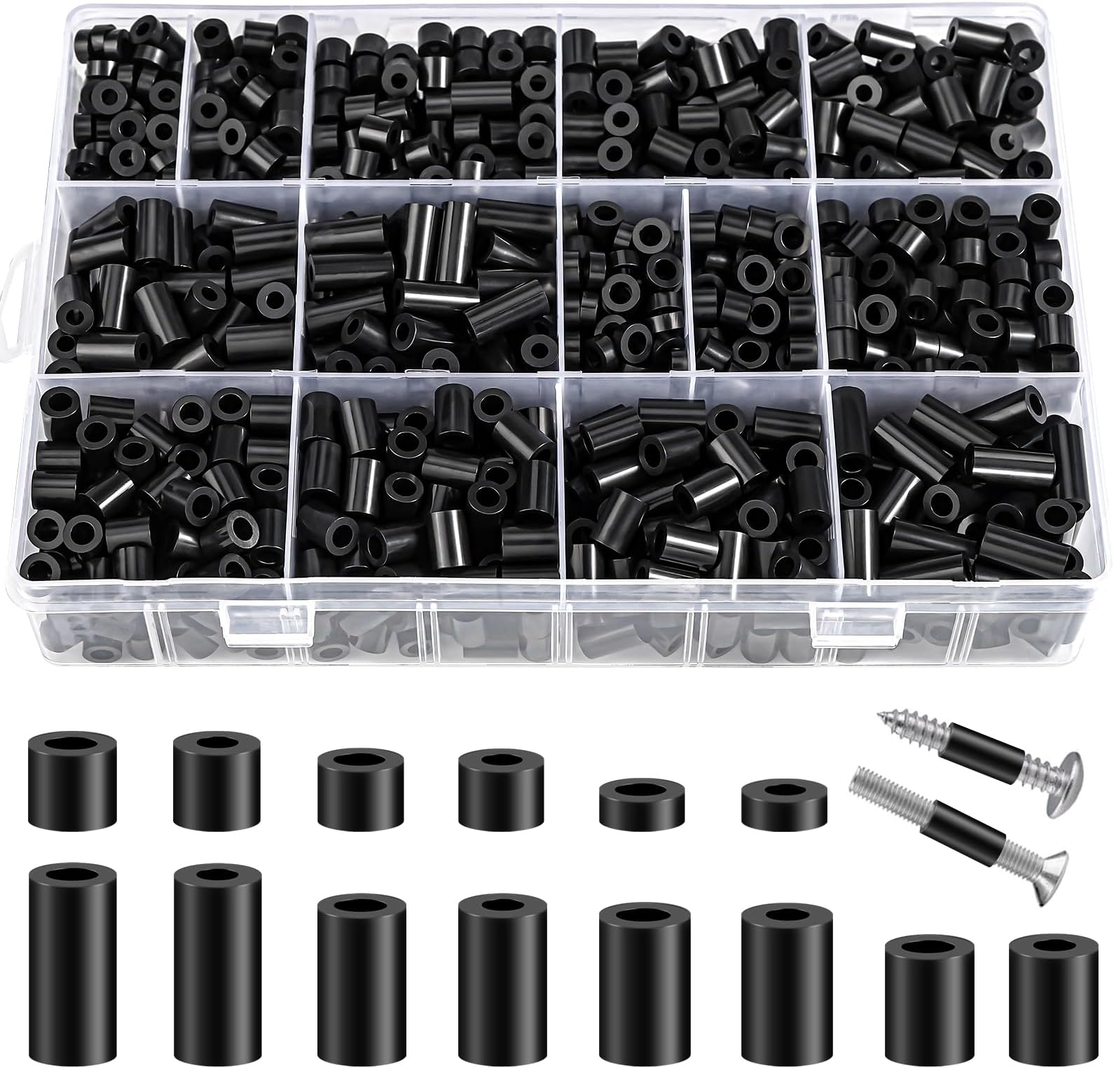 Neng-Q 1150 Pcs Electrical Outlet Screws Spacers,Black Nylon Round Spacer ID 3.2mm﹠4.2mm,OD 7mm, 3mm 5mm 6mm 8mm 10mm 12mm 15mm Length,Suitable for M3 M4 Screws Hardware Spacer Bracket
