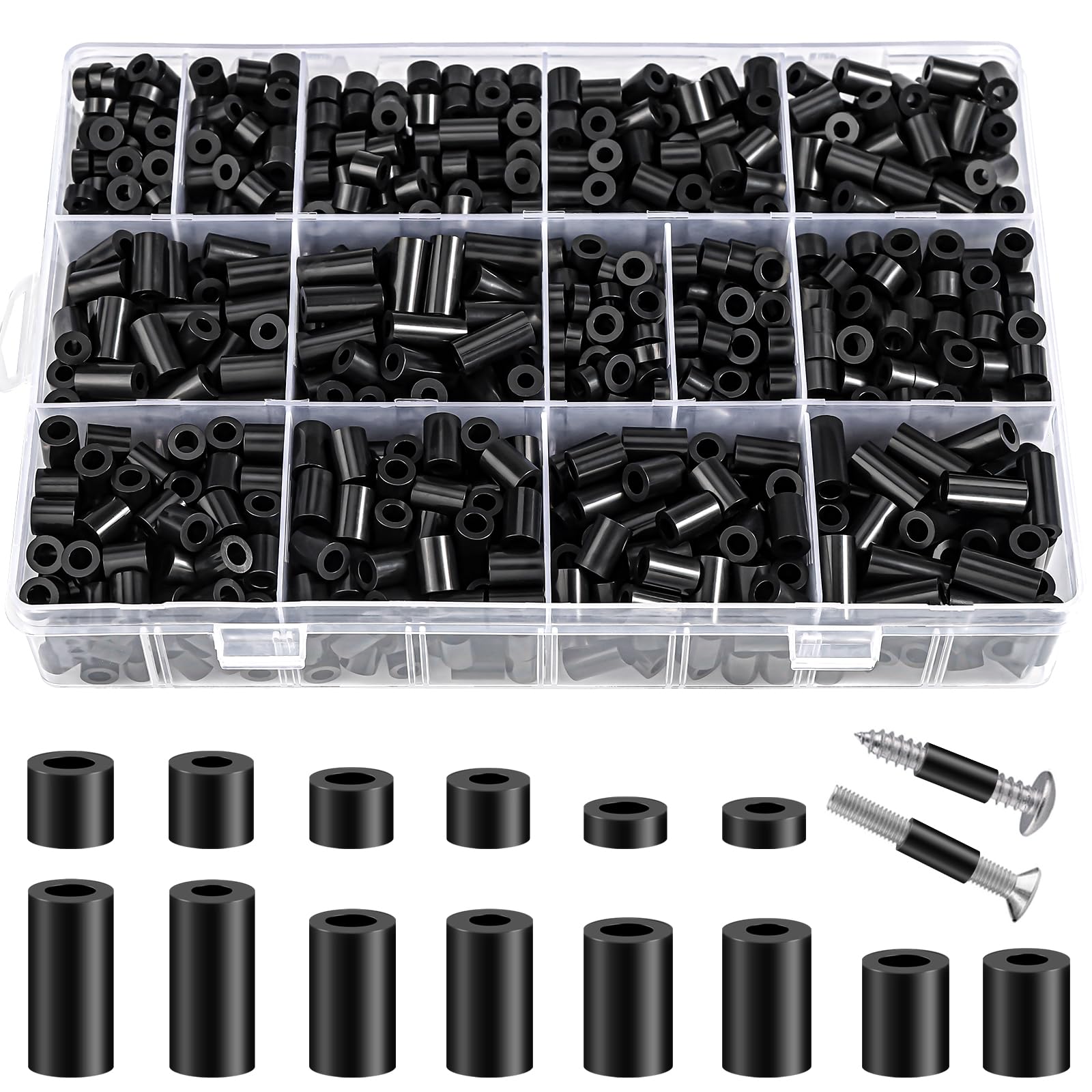 Neng-Q 1150 Pcs Electrical Outlet Screws Spacers,Black Nylon Round Spacer ID 3.2mm﹠4.2mm,OD 7mm, 3mm 5mm 6mm 8mm 10mm 12mm 15mm Length,Suitable for M3 M4 Screws Hardware Spacer Bracket