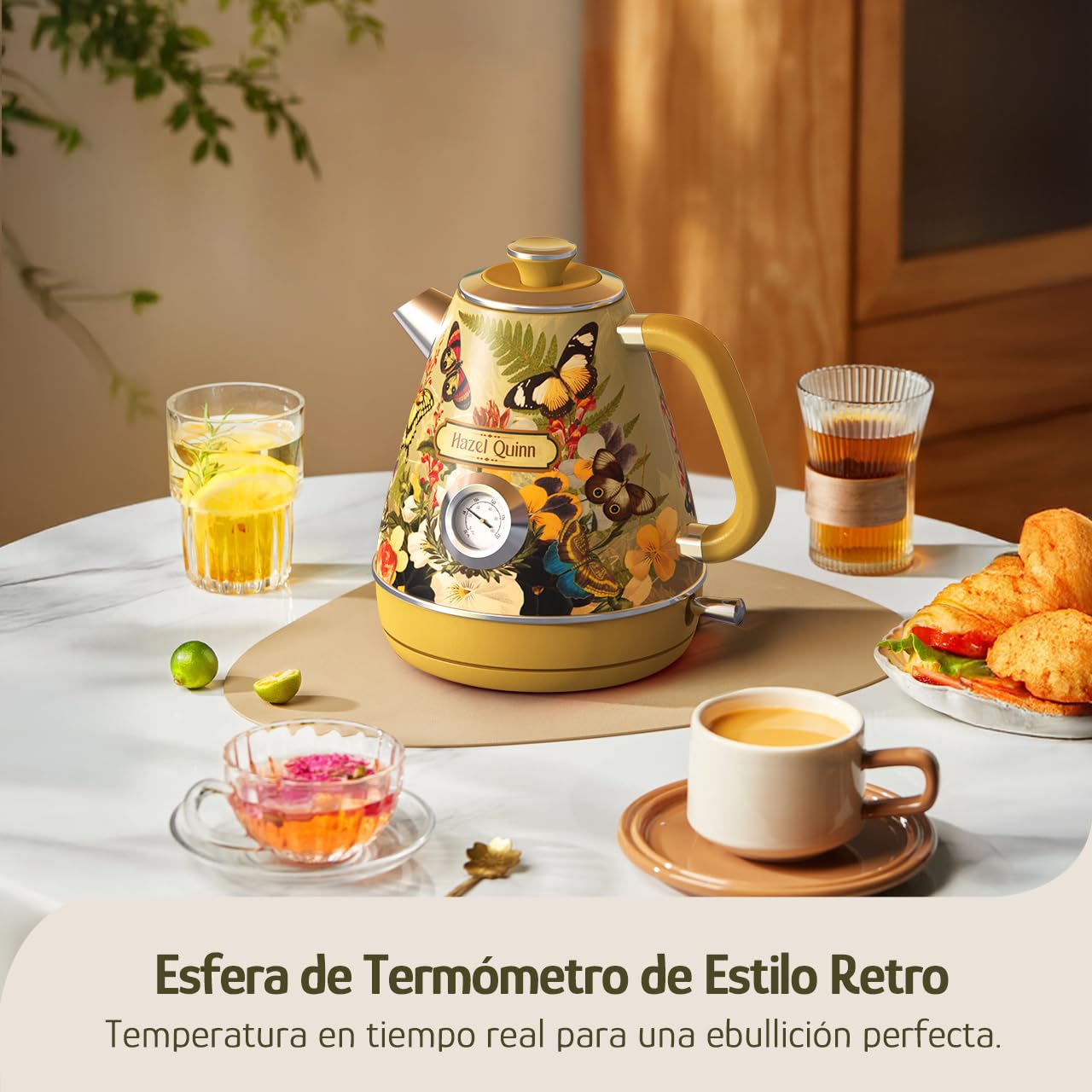 Hazel Quinn Hervidor Eléctrico con Termómetro, 1.7 L Sin Cable de Acero Inoxidable, Libre de BPA, Base 360°, Apagado Automático y Protección contra Hervido Seco, Diseño Retro