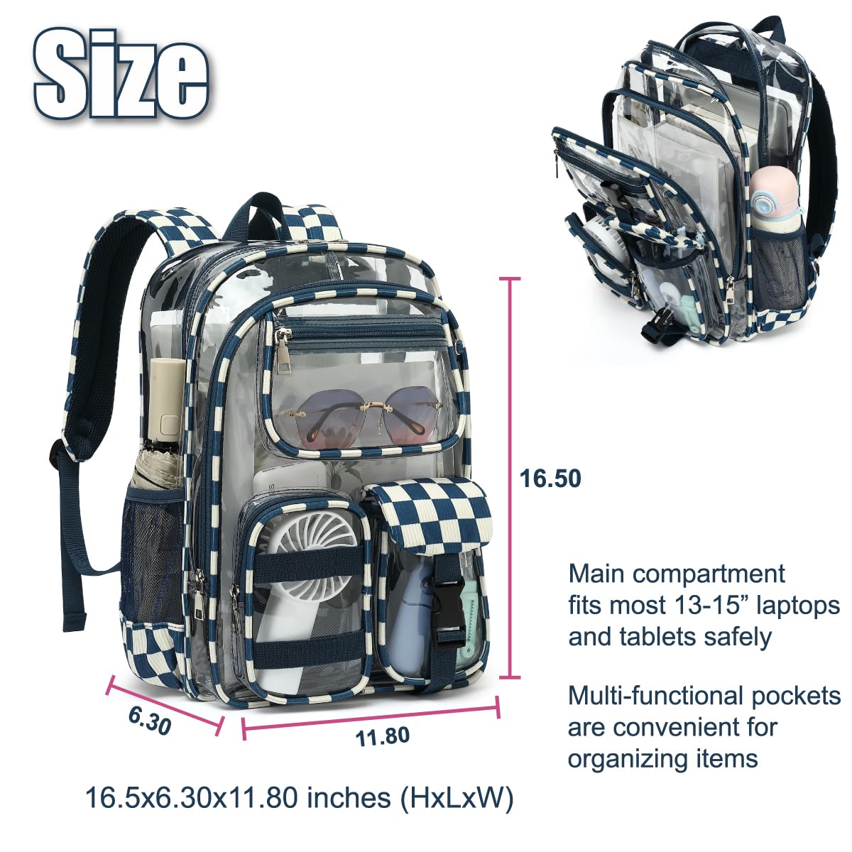Transparenter Rucksack für Jungen und Mädchen, strapazierfähig, transparente PVC-Tasche für Schule, Reisen, Arbeit und den täglichen Gebrauch, Kariertes Marineblau, 16.5x6.30x11.80 inches