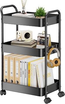 YASONIC 3-Tier Metal Rolling Cart, Sturdy Storage Utility Carts with Wheels, Multifunction Craft Art Organizer for Bedroom, Laundry, Garage, Office, Nursery, Bathroom, Easy Assembly Black
