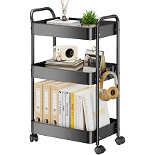 YASONIC 3-Tier Metal Rolling Cart, Sturdy Storage Utility Carts with Wheels, Multifunction Craft Art Organizer for Bedroom, Laundry, Garage, Office, Nursery, Bathroom, Easy Assembly Black