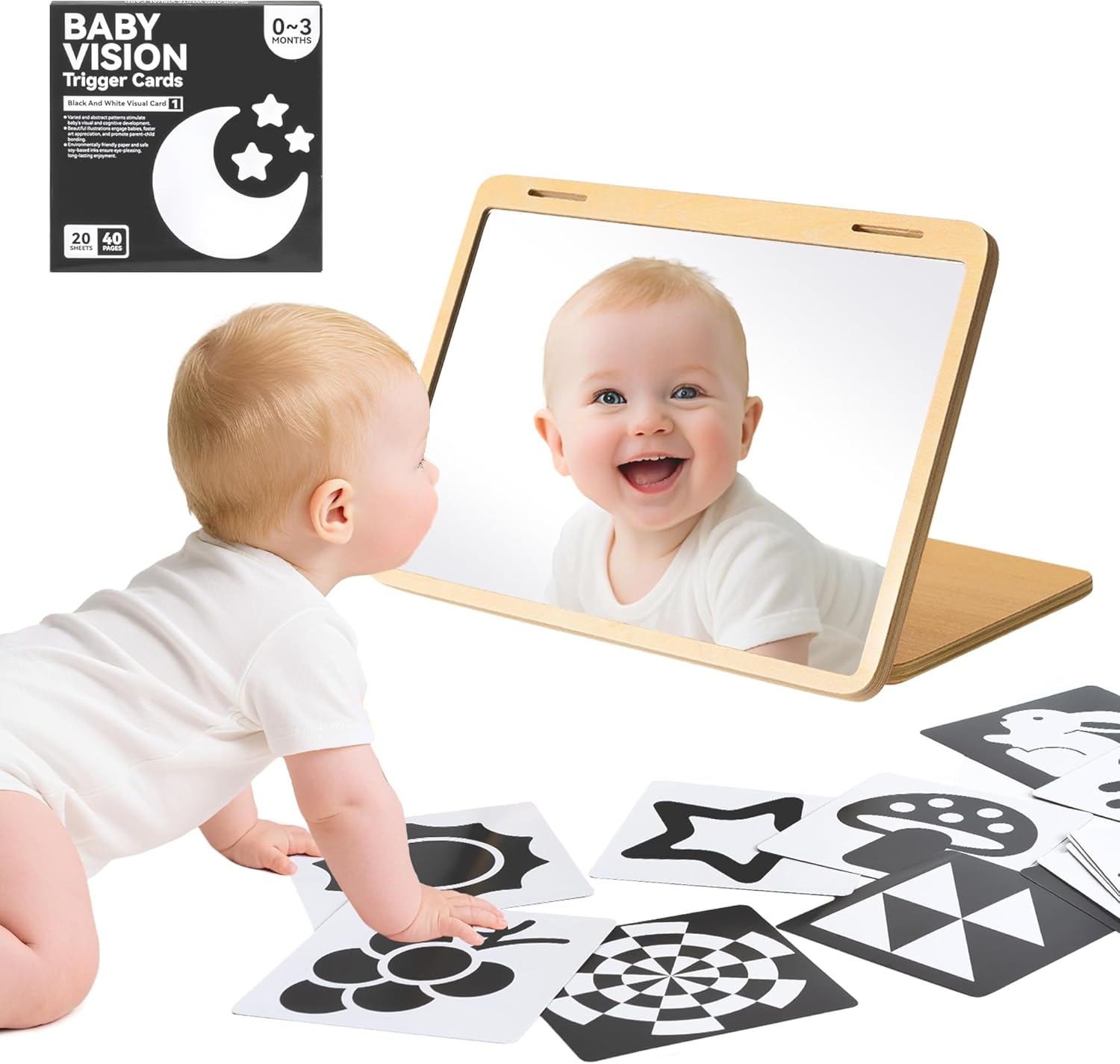Tummy Time Mirror for Baby Montessori Baby Floor Mirror with High Contrast Black and White Cards Infant Safe Mirror Toy for Newborn
