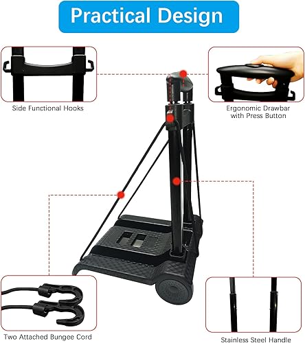 Miniatura 3 de Carrito de compras plegable, caja rodante compacta, carrito de mano con ruedas con bolsa impermeable extraíble, mango telescópico, resistente, 110.2