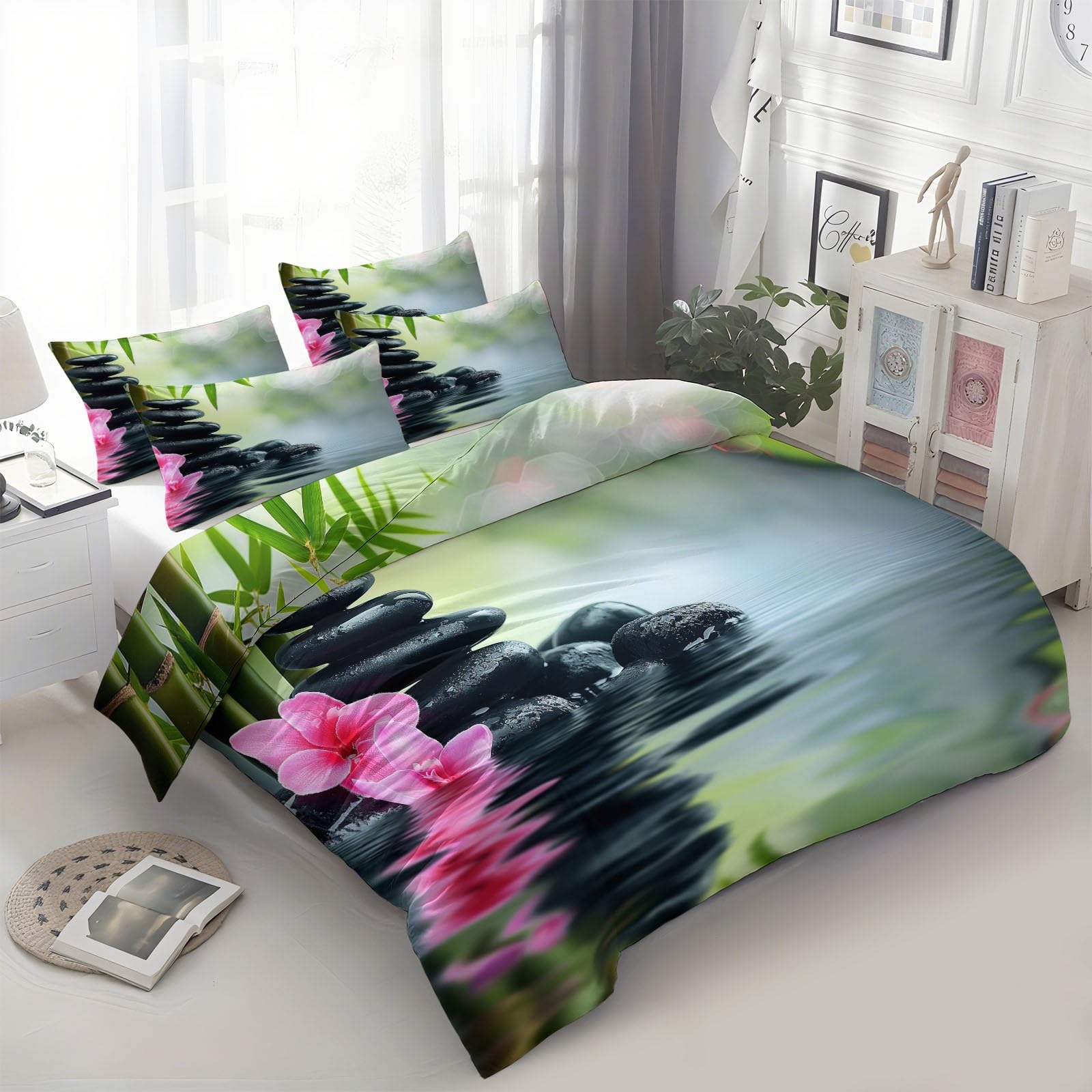 Housse de Couette 160x200 Bambou Orchidées | Parure de Lit Vert Pâle 3 Pièces avec Taies