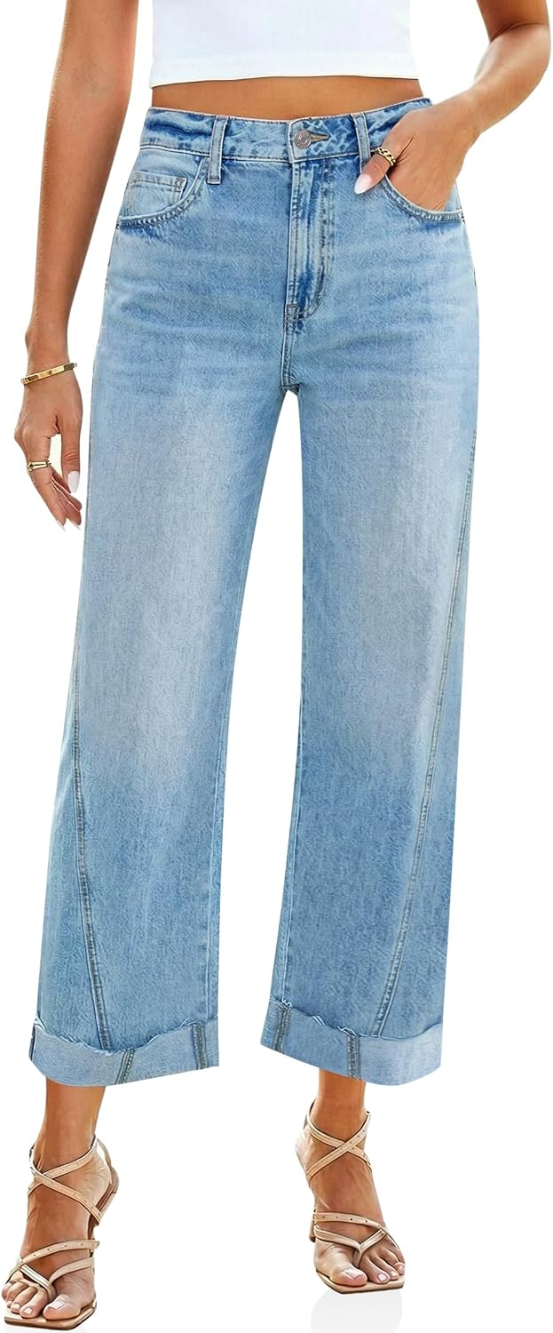 Cicy Bell Womens Cropped Jeans High Waisted Straight Wide Leg Cuffed Boyfriend Denim Pants with Pockets