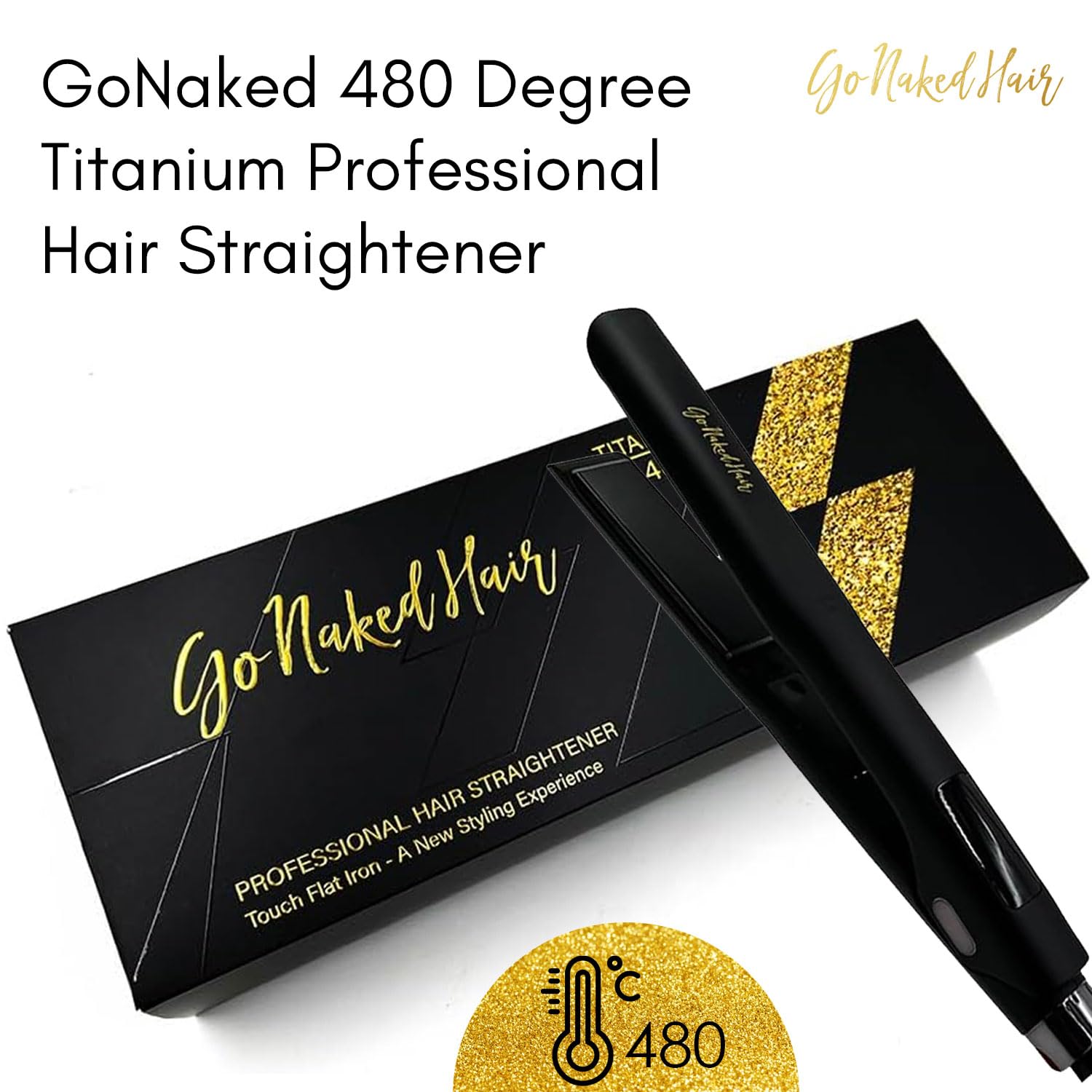 GoNaked Titanium Hair Straightener, Professional Styling Tool for Hair, Salon-Quality High Heat 480 Degree Flat Iron with Carrying Case 1.25