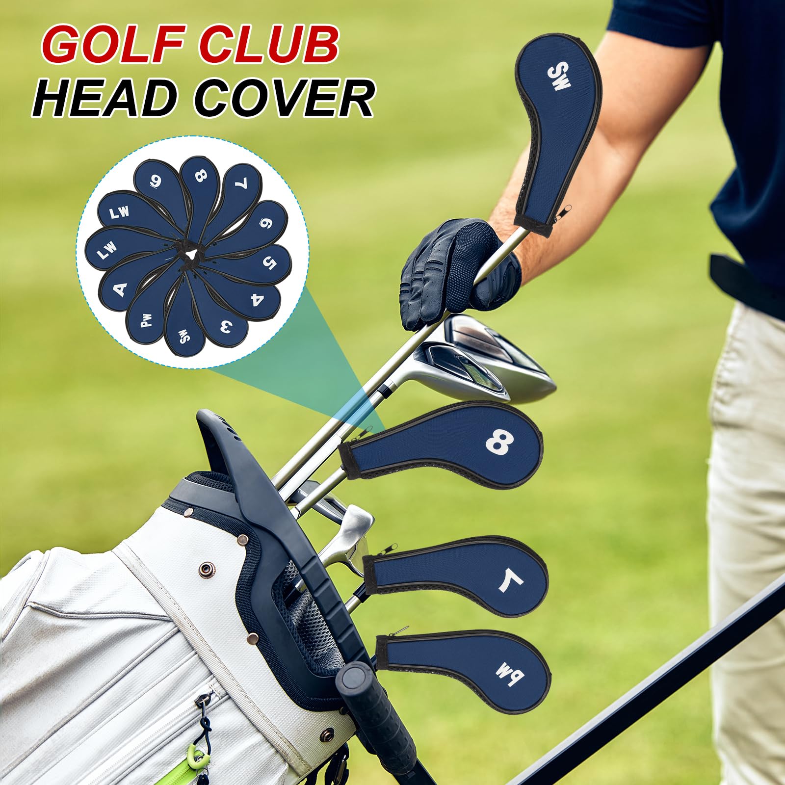 PATIKIL Housse pour Tête De Club De Golf, 12 Pcs Housses pour Fers De Golf en Néoprène Housse pour Driver Cadeaux pour Amateurs De Golf pour Hommes Femmes, Bleu Foncé/Noir